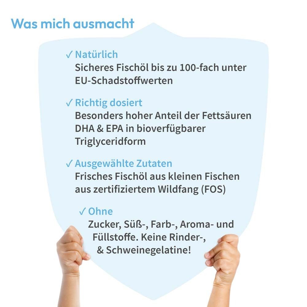 Text auf blauem Schild: Natürliche, dosierte, ausgewählte Zutaten, ohne Zusatzstoffe. Hände halten Schild.