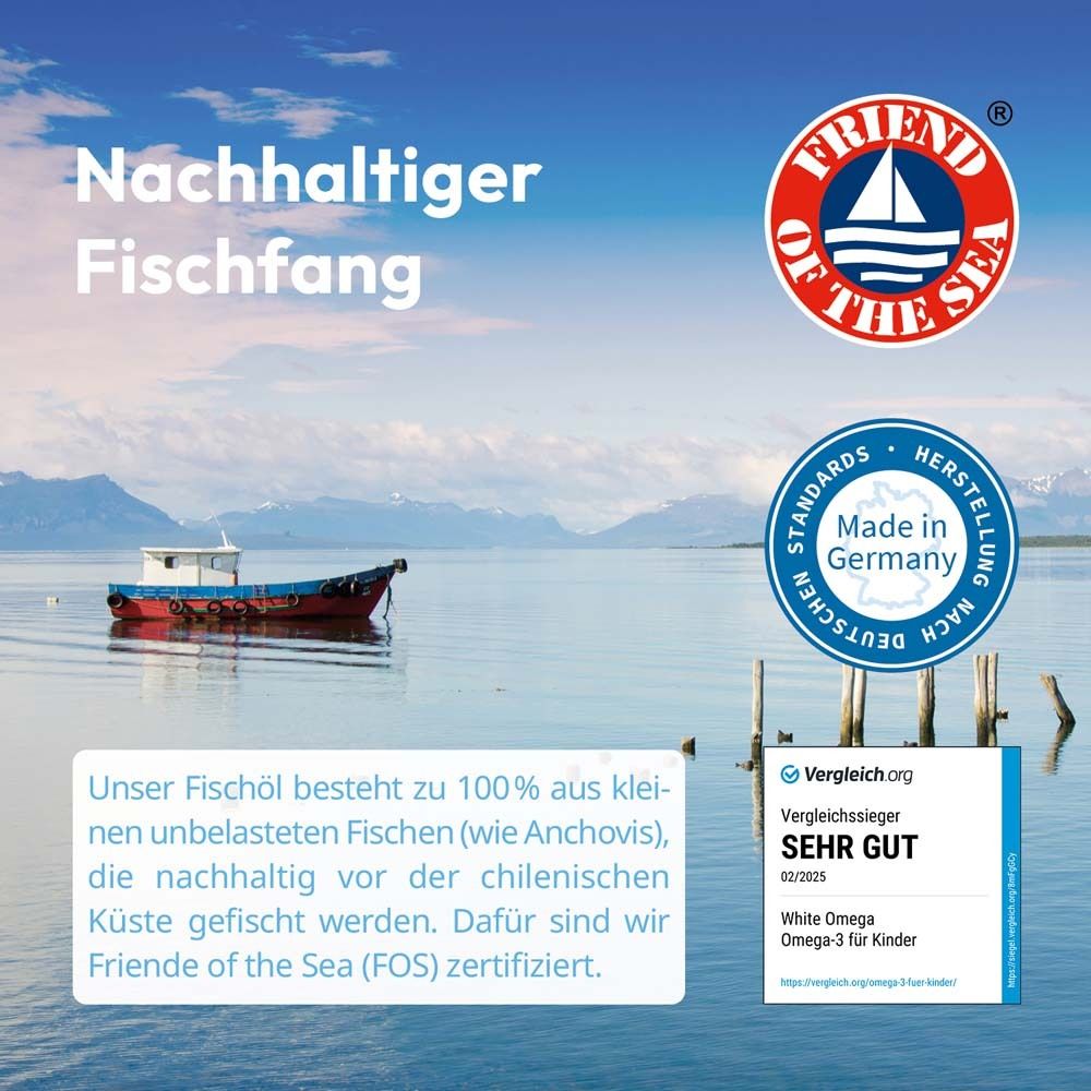 Boot auf dem Meer. Logos: Friend of the Sea, Made in Germany. Text: Nachhaltiger Fischfang.