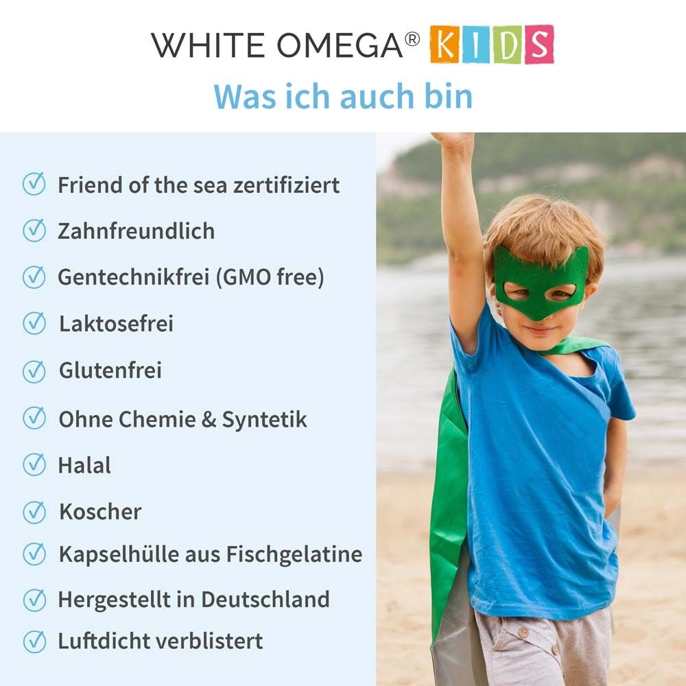 Kind mit Superhelden-Kostüm. Text: Friend of the Sea, zahnfreundlich, gentechnikfrei, laktosefrei, glutenfrei, etc.