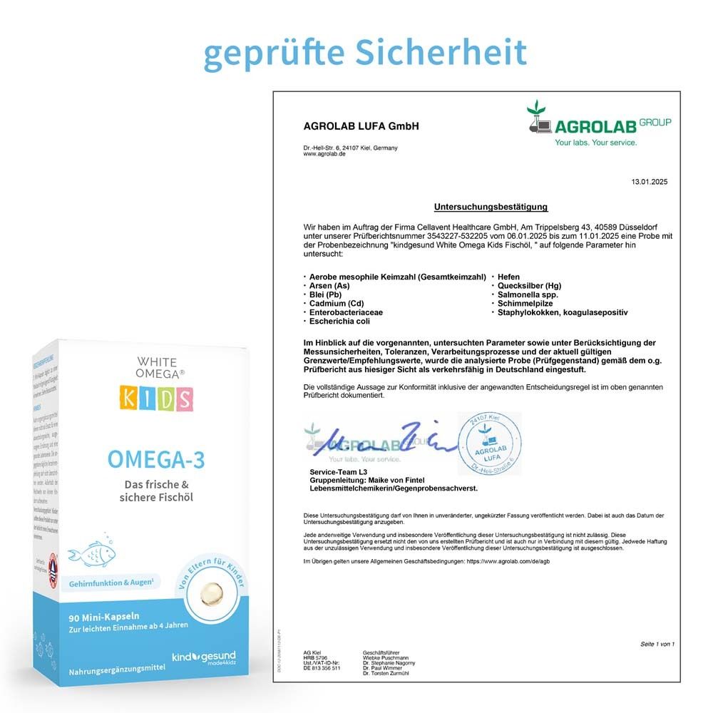 Zertifizierungsdokument von Agrolab LUFA GmbH. Text: Geprüfte Sicherheit. White Omega KIDS.