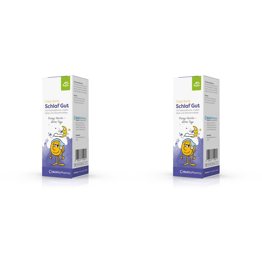 Zwei Schachteln Casa Sana Schlaf Gut. Weiße Verpackung mit Produktnamen und Illustration eines schlafenden Mondes. Blaue und gelbe Akzente.