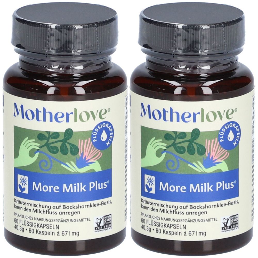 Zwei Flaschen mit braunen Kapseln. Aufschrift: Motherlove More Milk Plus. Enthält 60 Flüssigkeitskapseln. Mit einem grünen Logo.