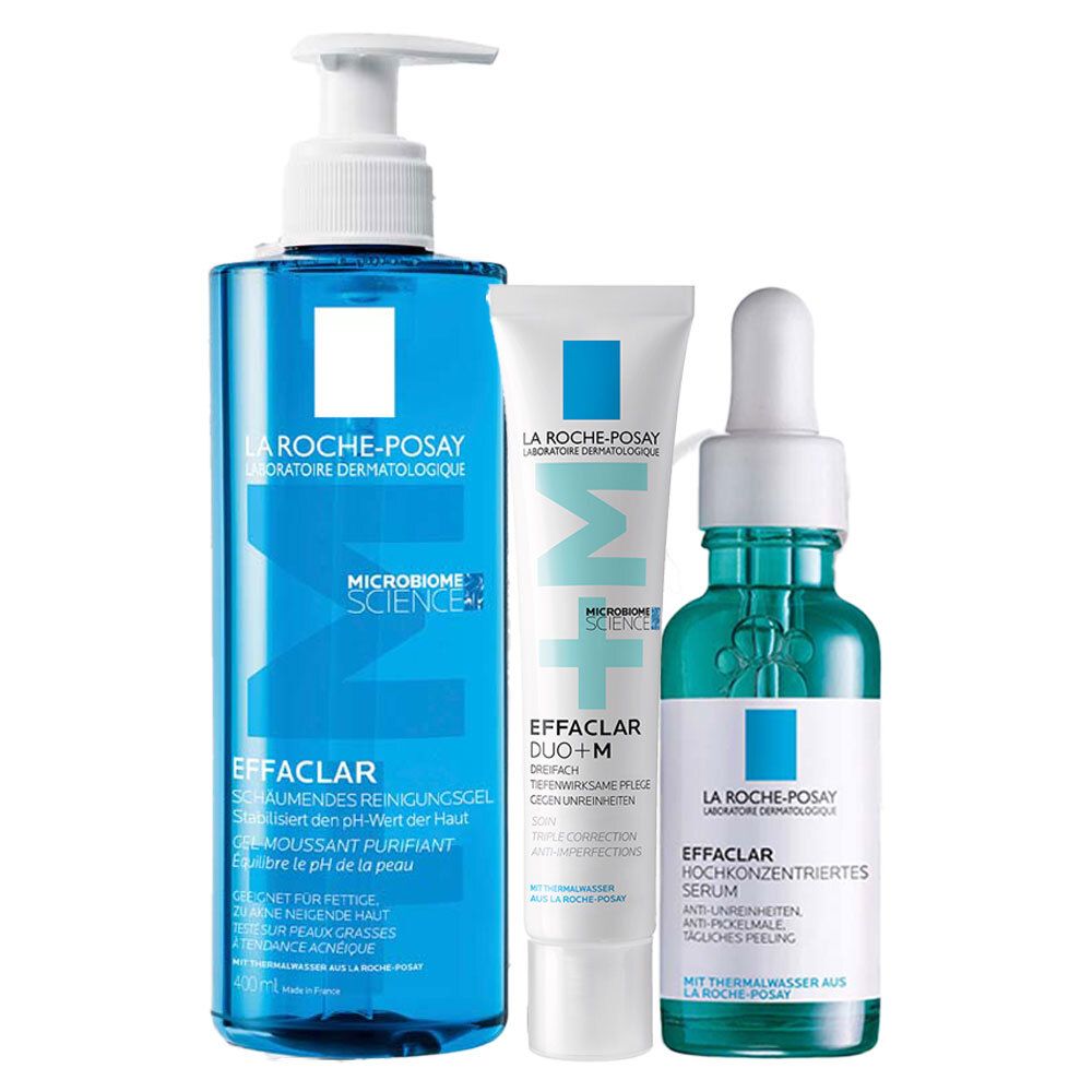 Drei Produkte: La Roche-Posay Effaclar Duo+M, Reinigungsgel und Serum. Blaue und weiße Verpackungen.