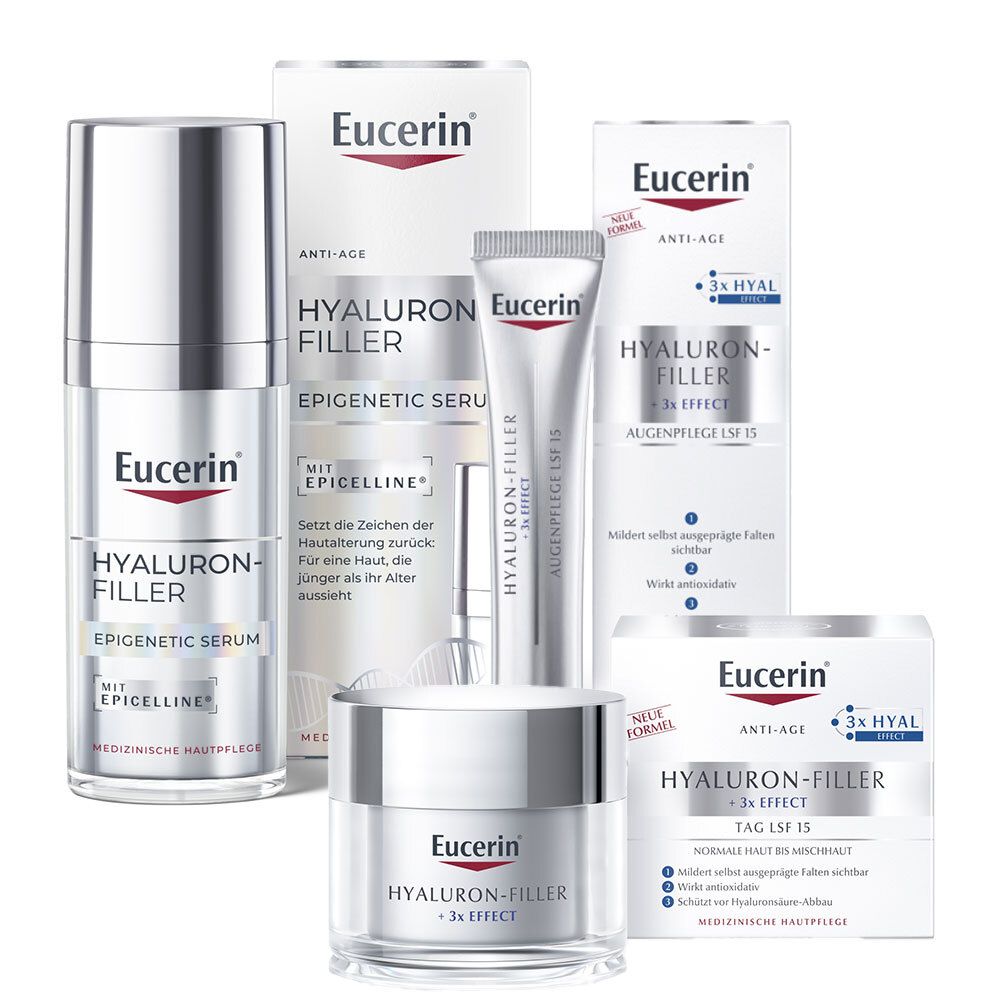 Set Eucerin Hyaluron-Filler : Sérum Épigénétique, Soin de jour et Soin contour des yeux.