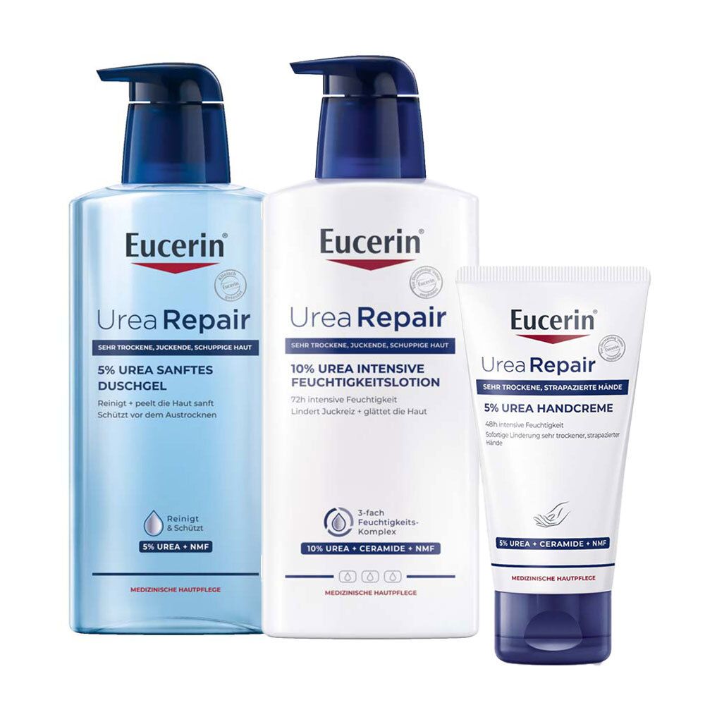 Eucerin® UreaRepair 10% Urea Intensive Feuchtigkeitslotion + Eucerin® UreaRepair 5% Urea Sanftes Duschgel + Eucerin® UreaRepair 5% Urea Handcreme: Produktbild