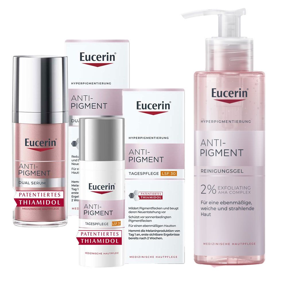 Mehrere Eucerin Anti-Pigment Produkte: Dual Serum, Tagespflege LSF 30, Reinigungsgel. Verpackungen und Flaschen mit Produktnamen und Logos.