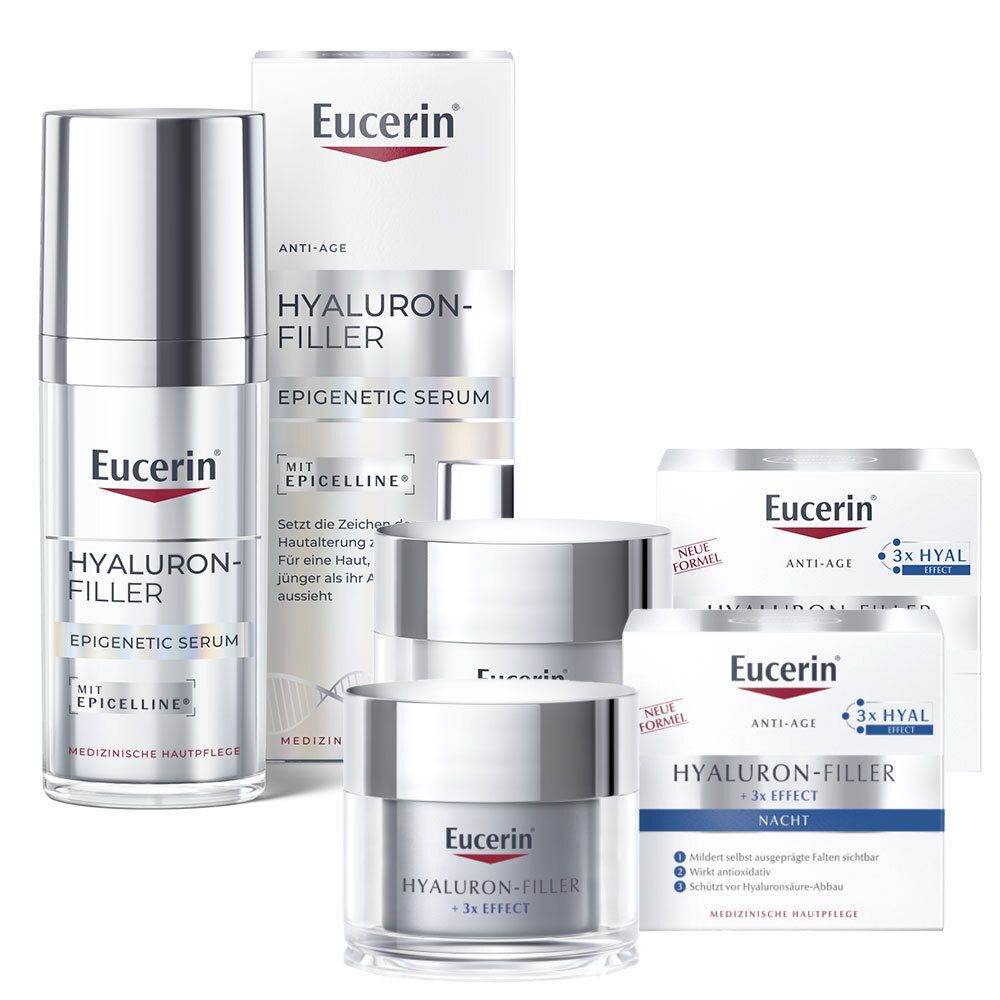 Eucerin Hyaluron-Filler Set: Epigenetic Serum, Tagespflege und Nachtpflege.
