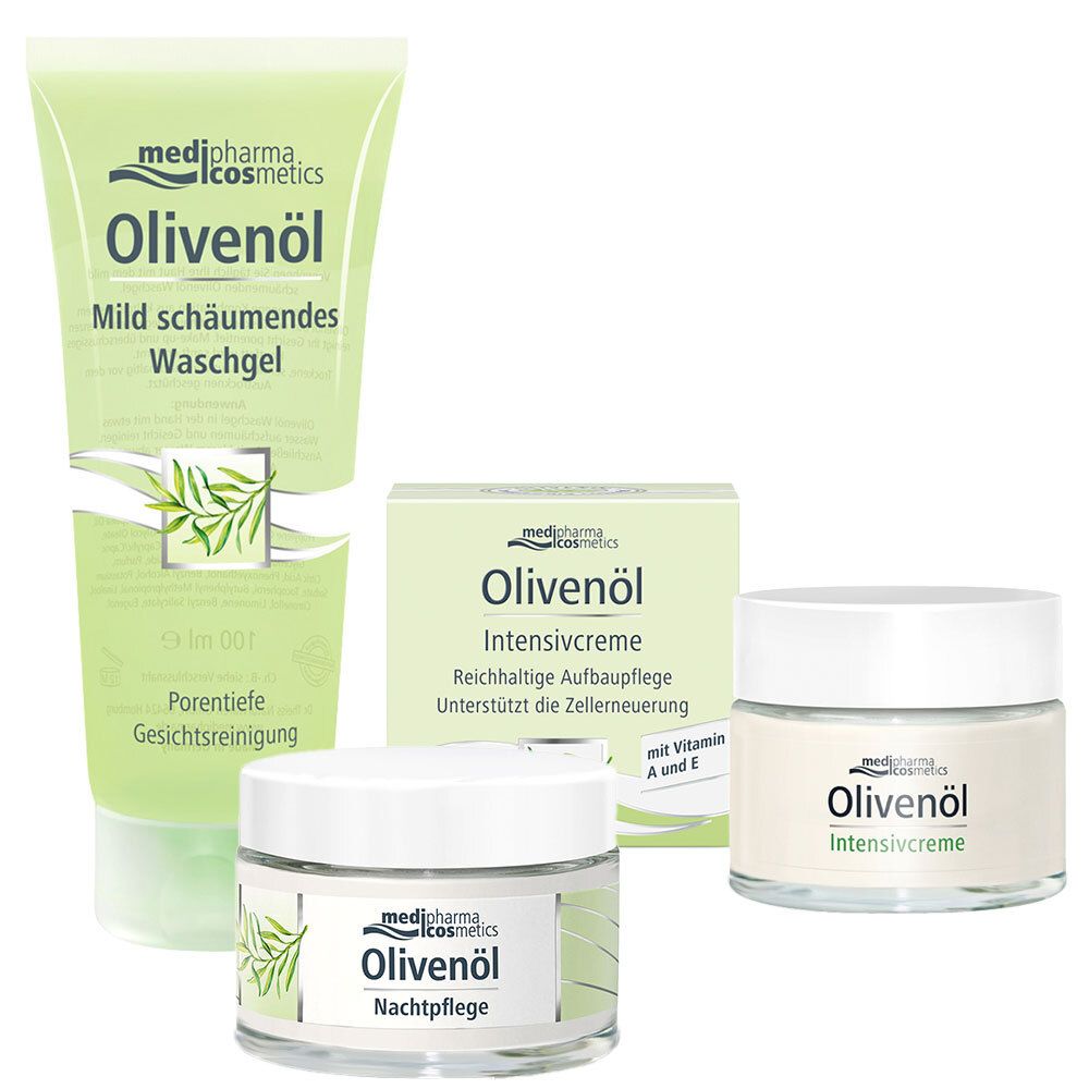 Drei Kosmetikprodukte: Waschgel, Intensivcreme und Nachtpflege. Alle mit Olivenöl. Verpackungen in Grün und Weiß.