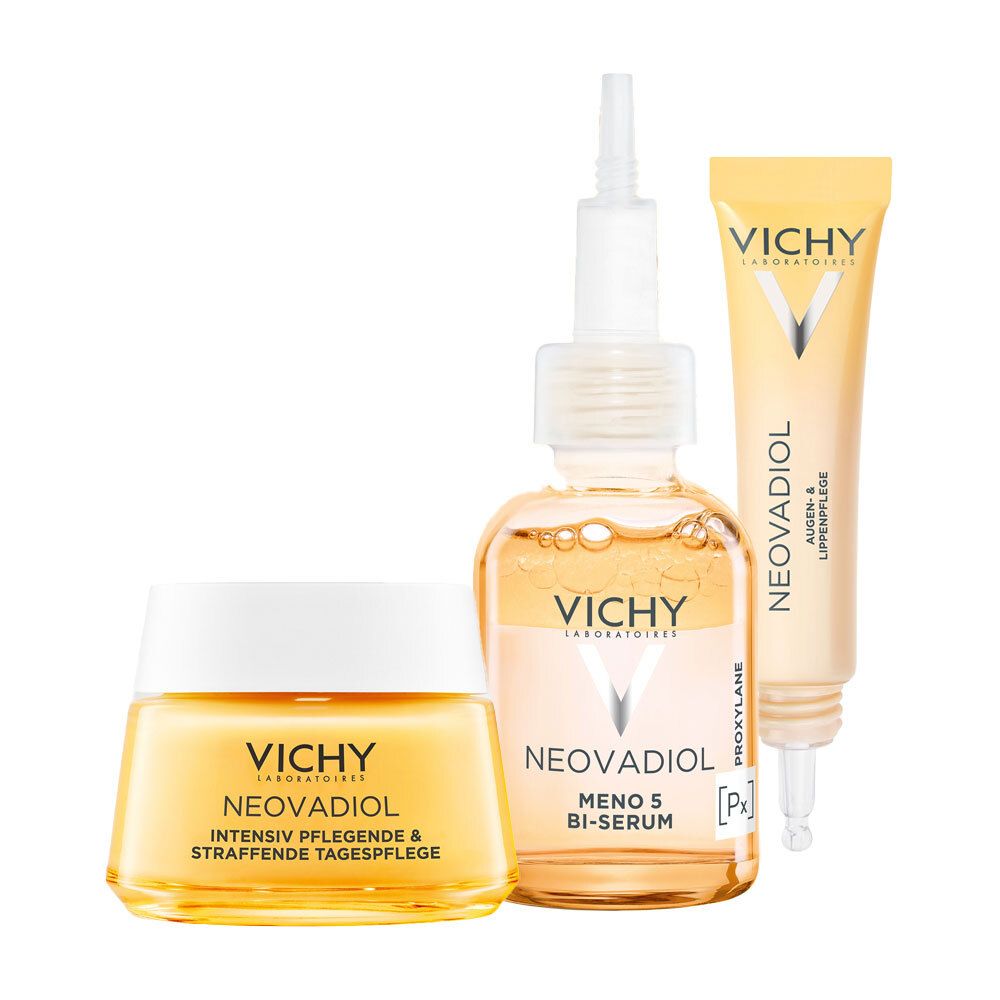 Trois produits Vichy Neovadiol : jour, sérum et soin yeux et lèvres. Emballages jaunes avec couvercles blancs et inscriptions.