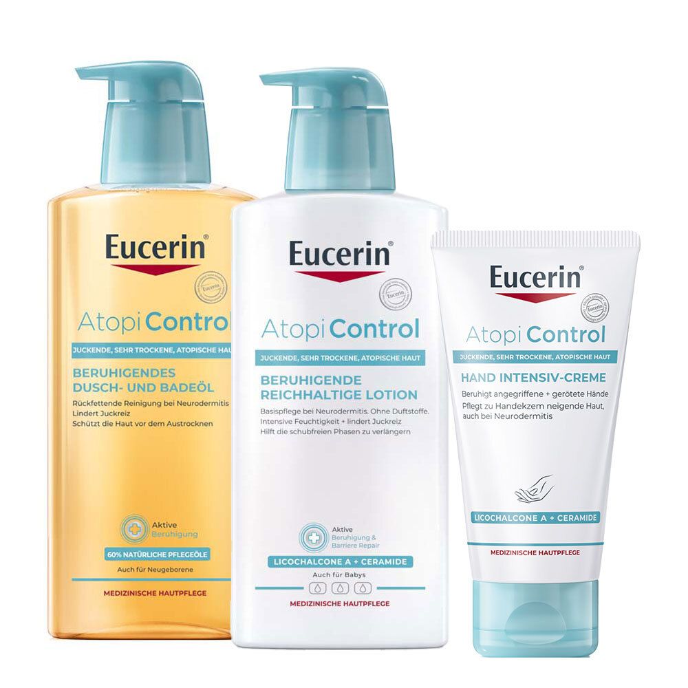 Trois produits Eucerin AtopiControl : huile de douche et de bain, lotion riche et crème intensive pour les mains.