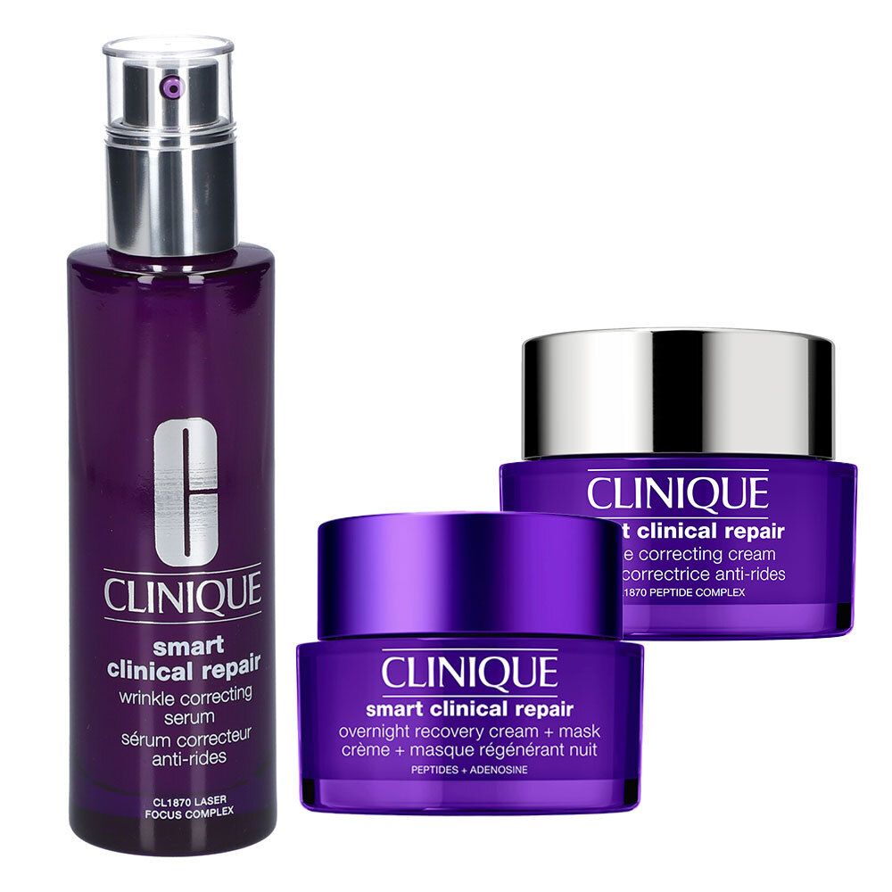 Trois produits cosmétiques violets. Un sérum avec pompe, deux crèmes avec couvercles. Inscription : Clinique Smart Clinical Repair.