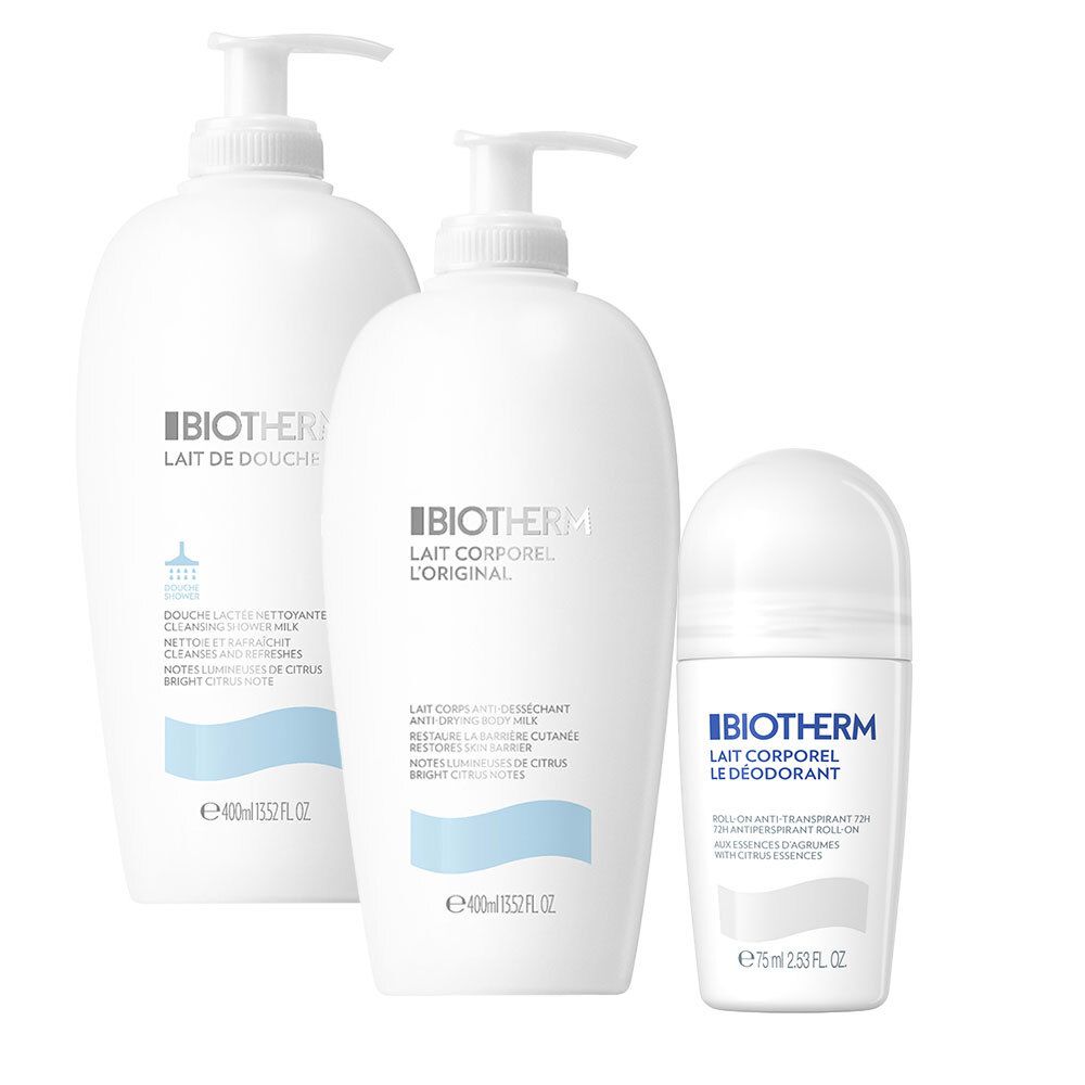 Drei weiße Biotherm-Körperpflegeprodukte: Duschmilch, Körperlotion und Deoroller.