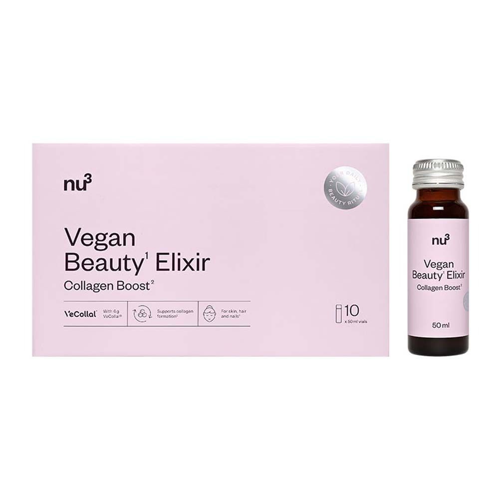 Boîte et flacon roses avec texte du produit. Contient 10 flacons. Inscription : Vegan Beauty Elixir Collagen Boost.