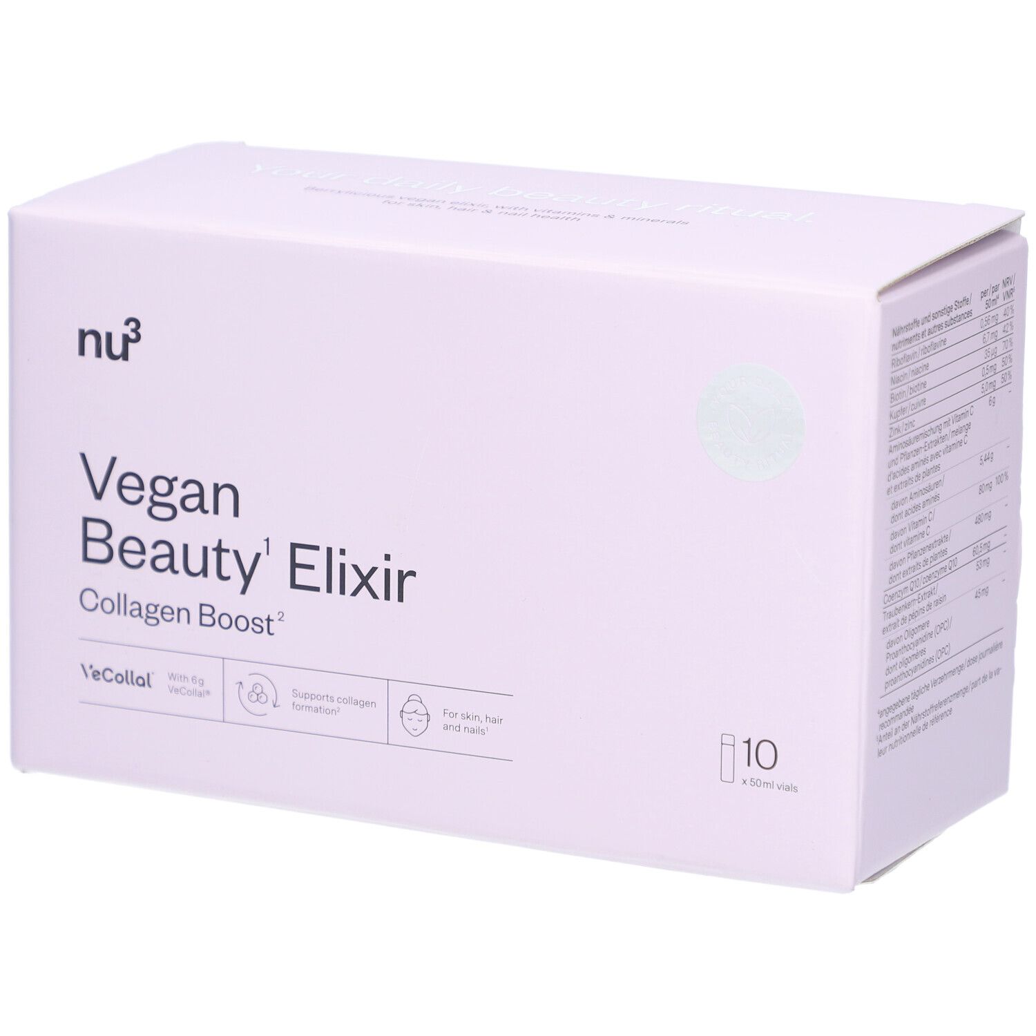 Boîte rose avec texte du produit. Contient 10 flacons. Inscription : Vegan Beauty Elixir Collagen Boost.