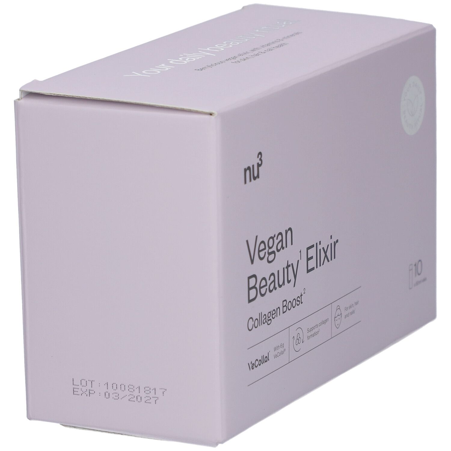 Rosa Karton mit nu3 Vegan Beauty Elixir Collagen Boost. Logo, Produktname, 10 Flaschen. Haltbarkeitsdatum.