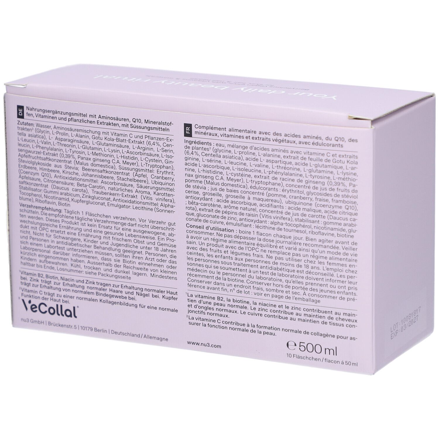 Rückseite der Verpackung von nu3 Vegan Beauty Elixir Collagen Boost. Inhaltsstoffe und Nährwerttabelle.
