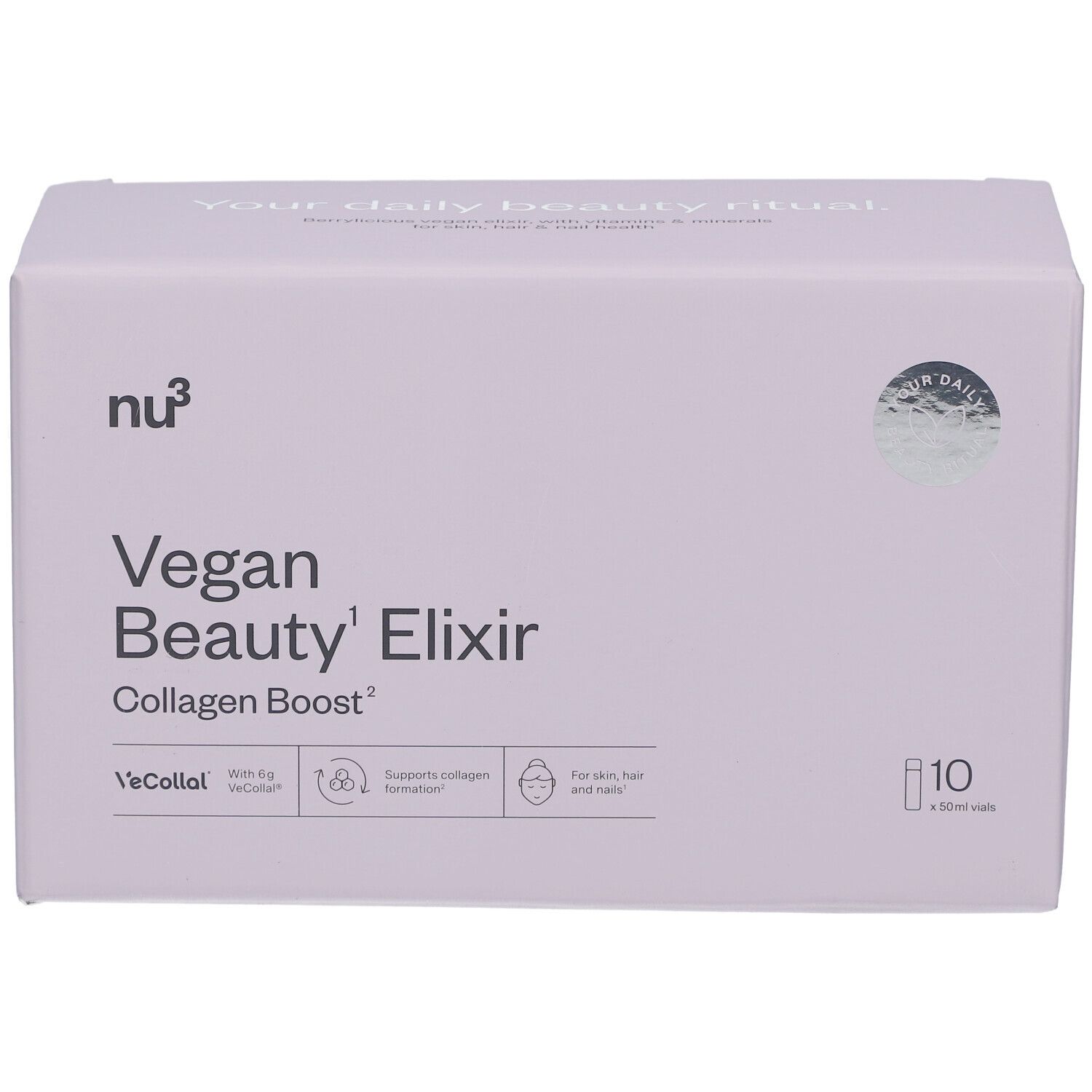 Boîte rose avec texte du produit. Contient 10 flacons. Inscription : Vegan Beauty Elixir Collagen Boost.