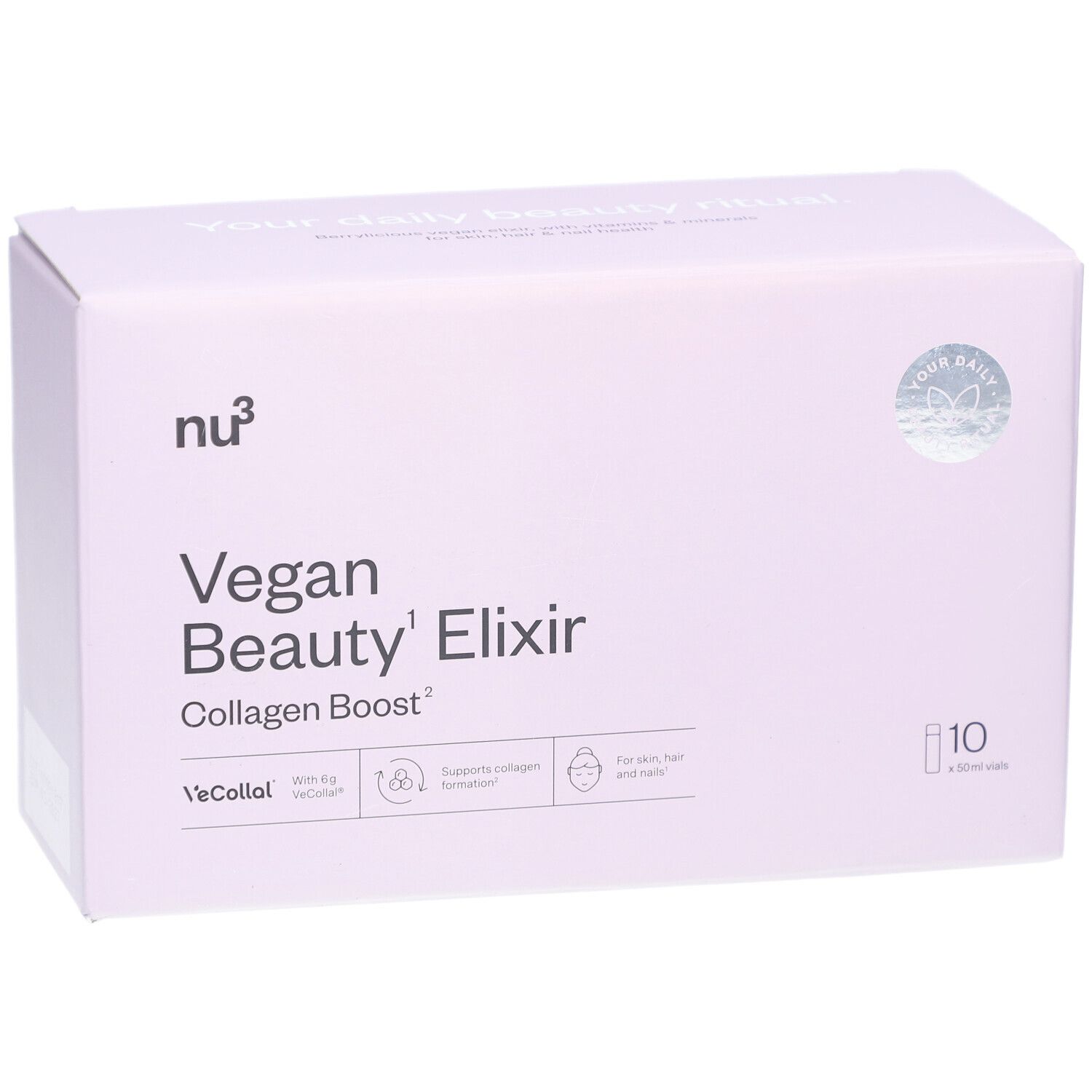 Boîte rose avec texte du produit. Contient 10 flacons. Inscription : Vegan Beauty Elixir Collagen Boost.