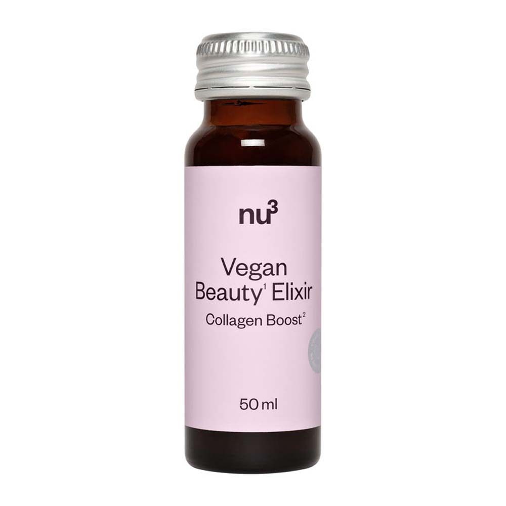 Flacon marron avec bouchon argenté. Inscription : Vegan Beauty Elixir Collagen Boost. 50 ml.
