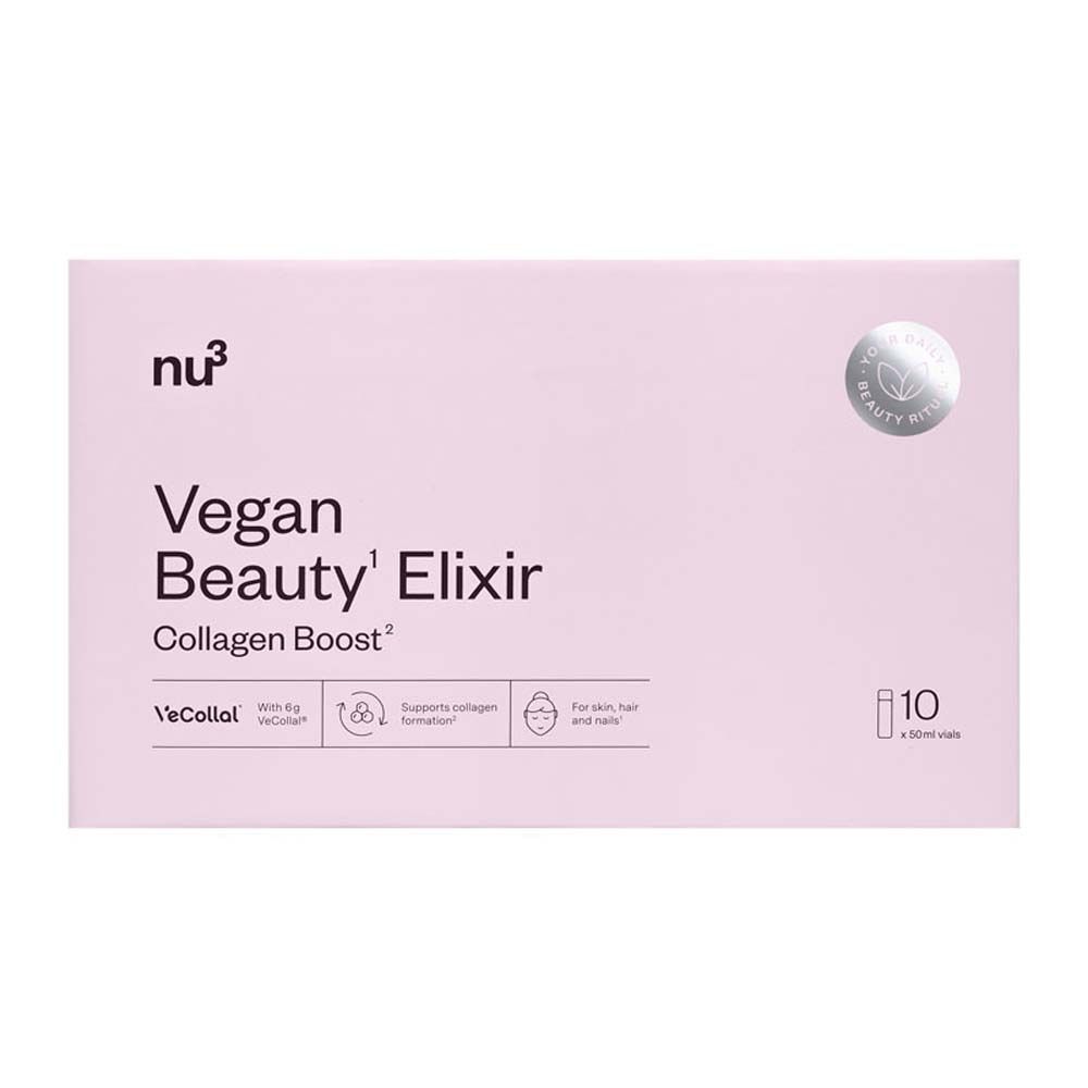 Boîte rose avec texte du produit. Contient 10 flacons. Inscription : Vegan Beauty Elixir Collagen Boost.