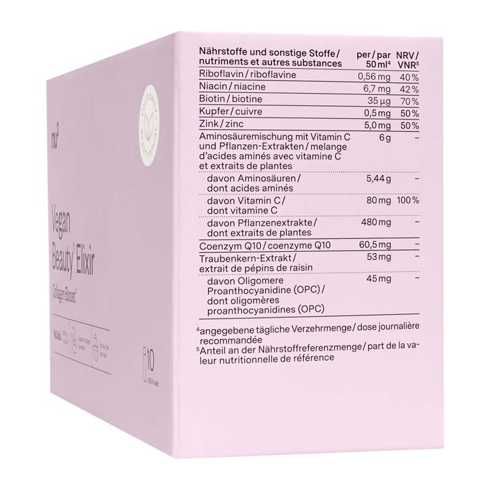 Dos de la boîte rose. Contient des informations nutritionnelles et des ingrédients. Inscription : Vegan Beauty Elixir Collagen Boost.