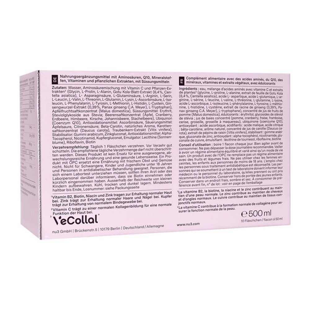 Dos de la boîte rose. Contient des ingrédients et des instructions d'utilisation. Inscription : Vegan Beauty Elixir Collagen Boost.