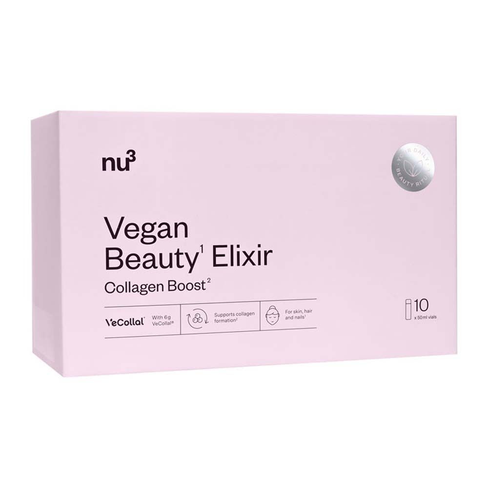 Boîte rose avec texte du produit. Contient 10 flacons. Inscription : Vegan Beauty Elixir Collagen Boost.