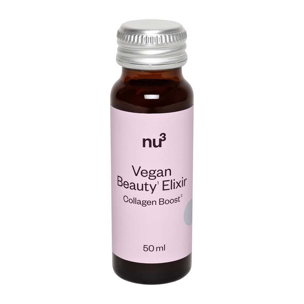 Flacon marron avec bouchon argenté. Inscription : Vegan Beauty Elixir Collagen Boost. 50 ml.