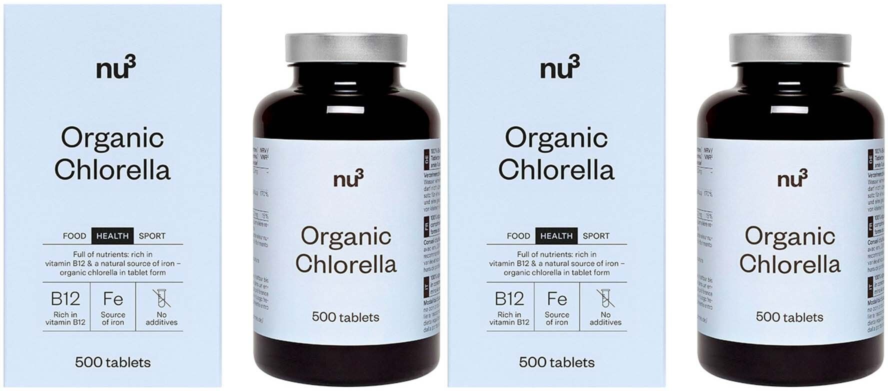 Dunkle Glasflasche mit silbernem Deckel und hellblauer Verpackung. Aufschrift: Organic Chlorella, 500 Tabletten. Marke: nu3.