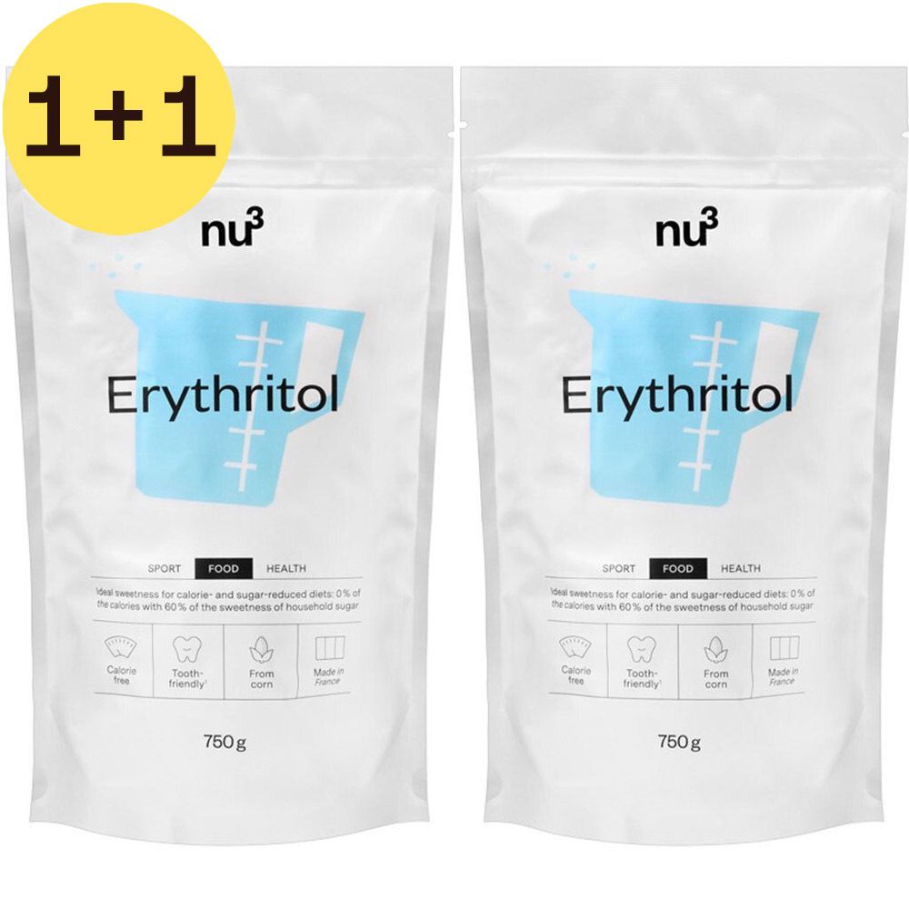 Deux sachets nu3 Erythritol, avec autocollant 1+1. Blanc, symbole de pichet bleu et texte. Paquet de 750g.