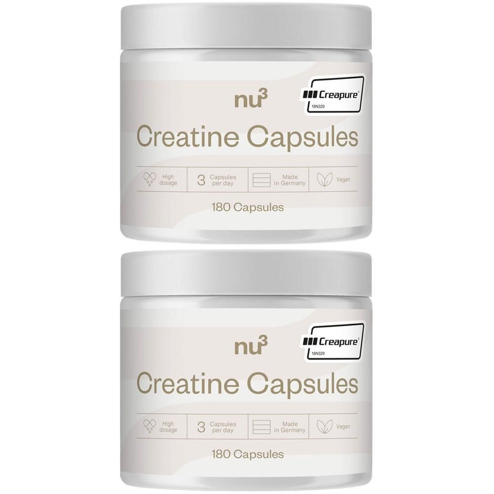 Deux pots de nu3 Creatine Capsules, chacun contenant 180 gélules.