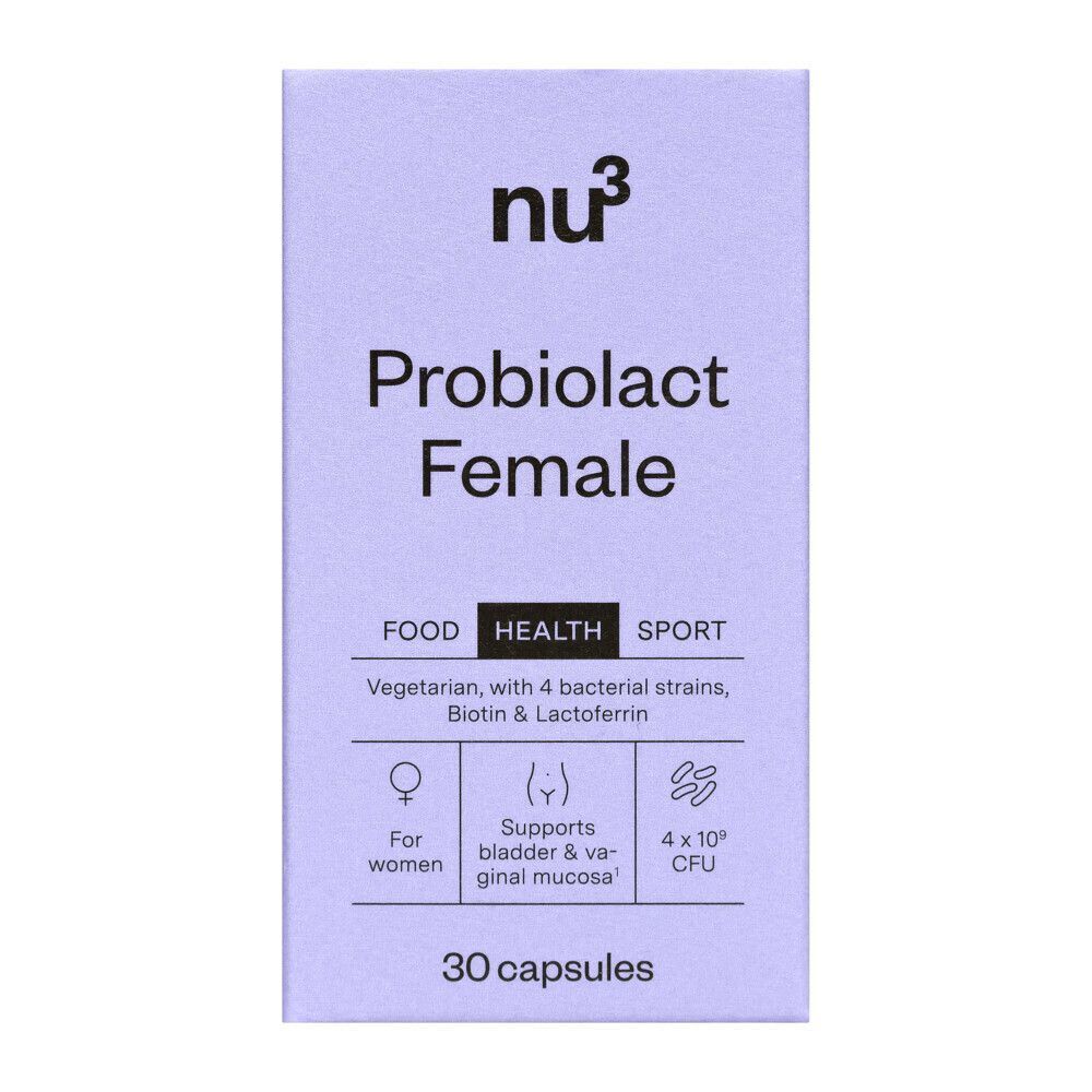 Vorderseite einer Packung nu3 Probiolact Female mit 30 Kapseln.