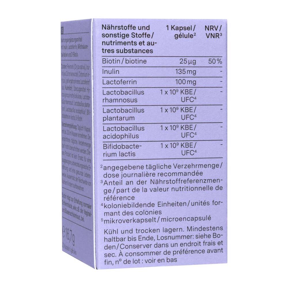 Vue latérale d'une boîte de nu3 Probiolact Female avec informations nutritionnelles détaillées.