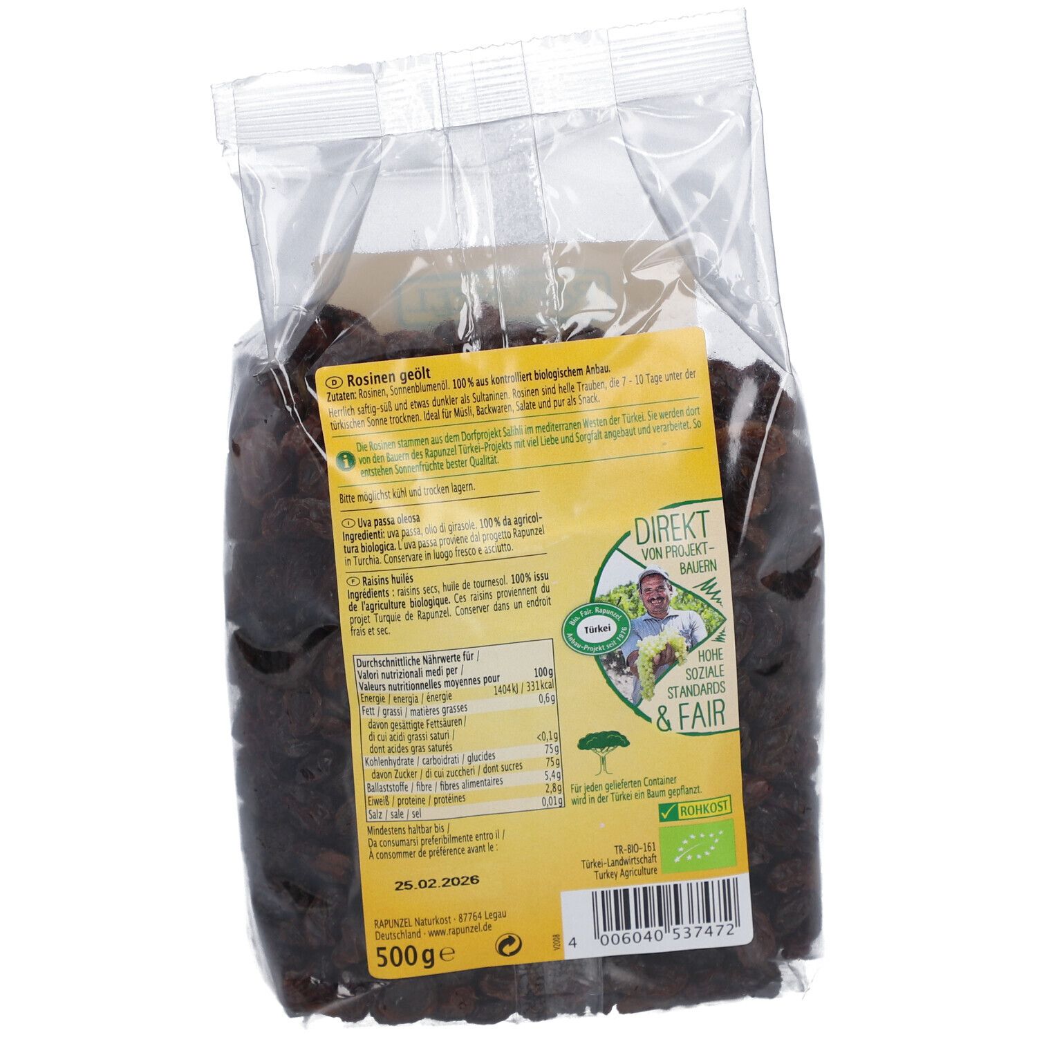 Rückseite der RAPUNZEL Rosinen-Verpackung. Textinformationen, Nährwertangaben und Bio-Siegel. 500g.