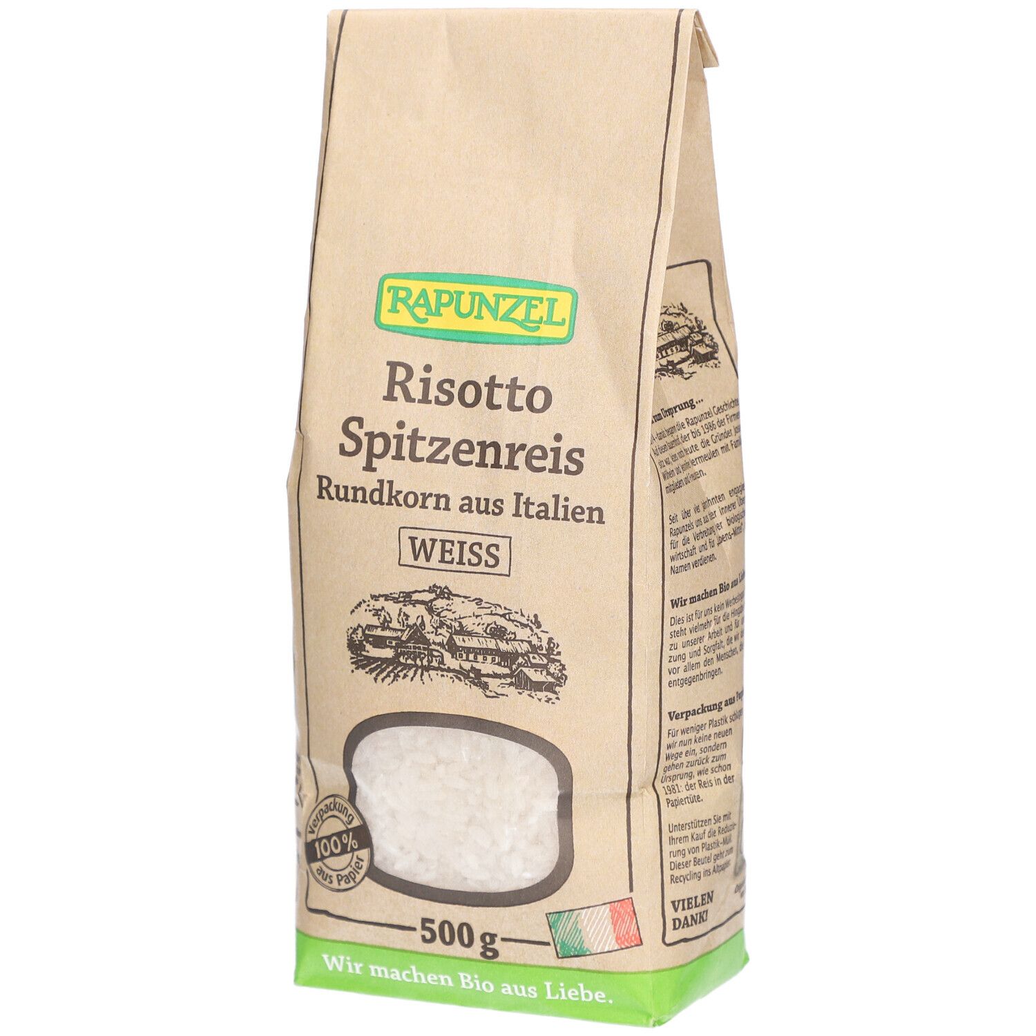 Sachet de riz rond. Inscription: RAPUNZEL, Risotto Spitzenreis, Rundkorn aus Italien, WEISS. 500g, drapeau italien.
