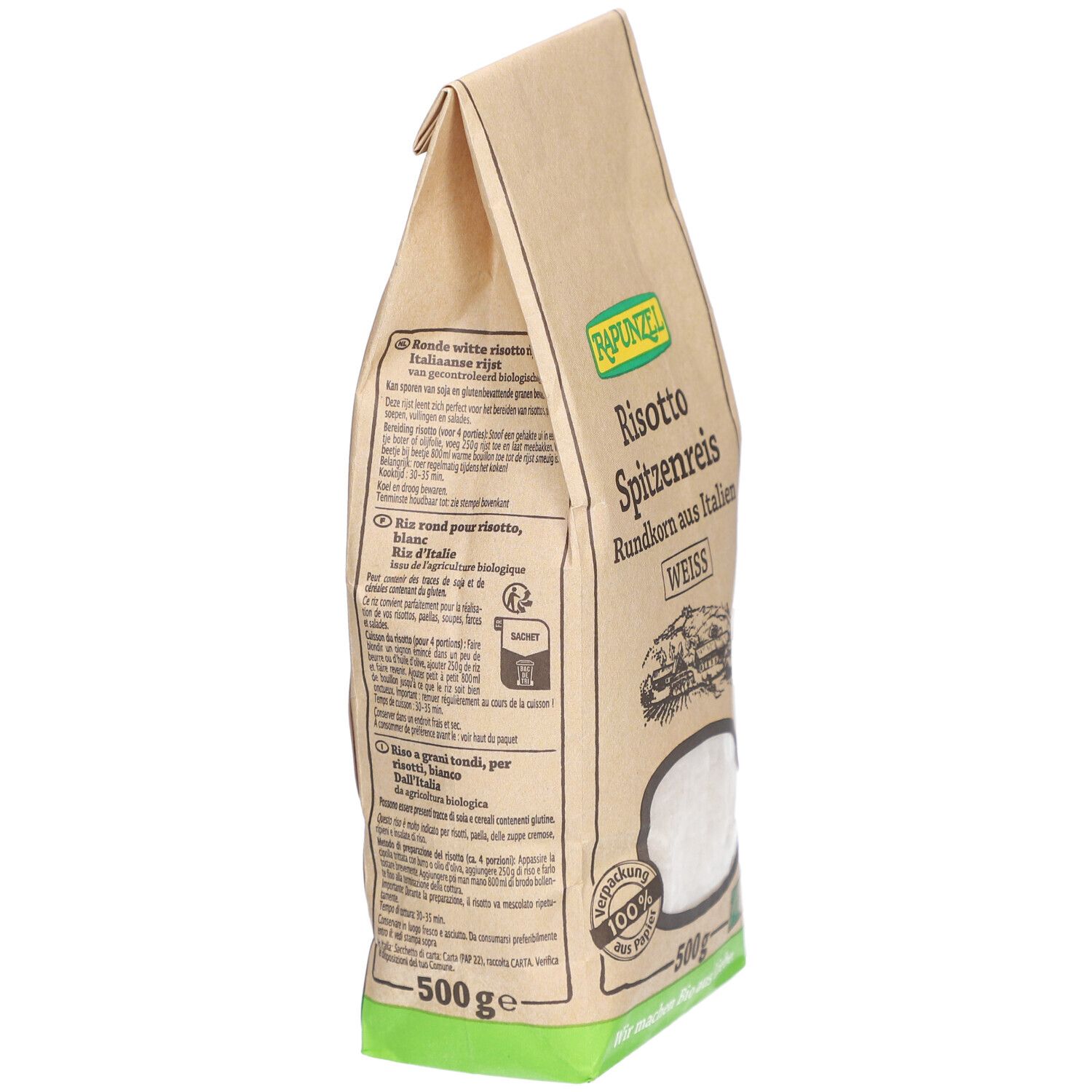 Sachet de riz rond. Inscription: RAPUNZEL, Risotto Spitzenreis, Rundkorn aus Italien, WEISS. 500g, drapeau italien. Vue latérale.