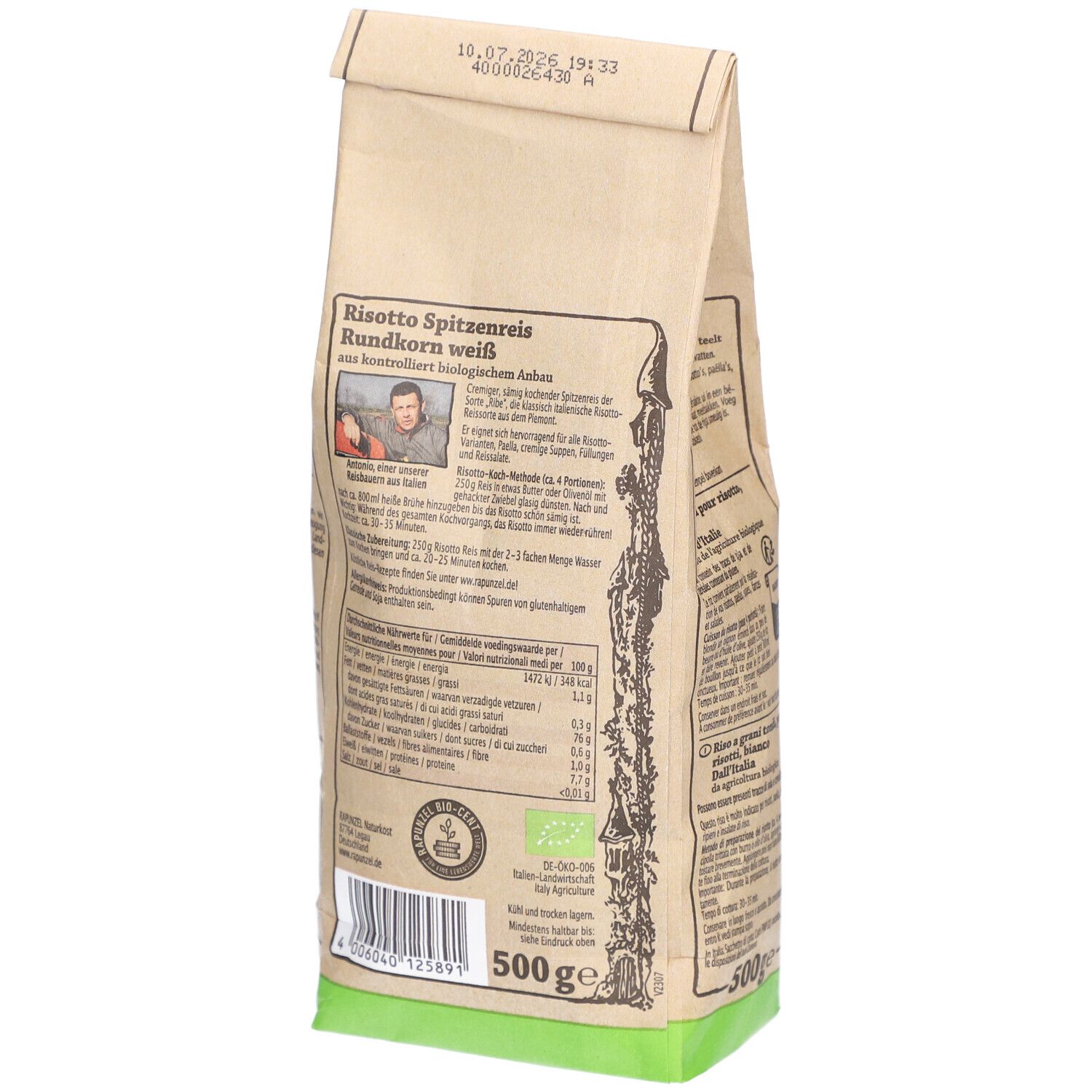 Dos du sachet de riz. Inscription: RAPUNZEL, Risotto Spitzenreis, Rundkorn weiß. Informations nutritionnelles, label bio, 500g. DDM.