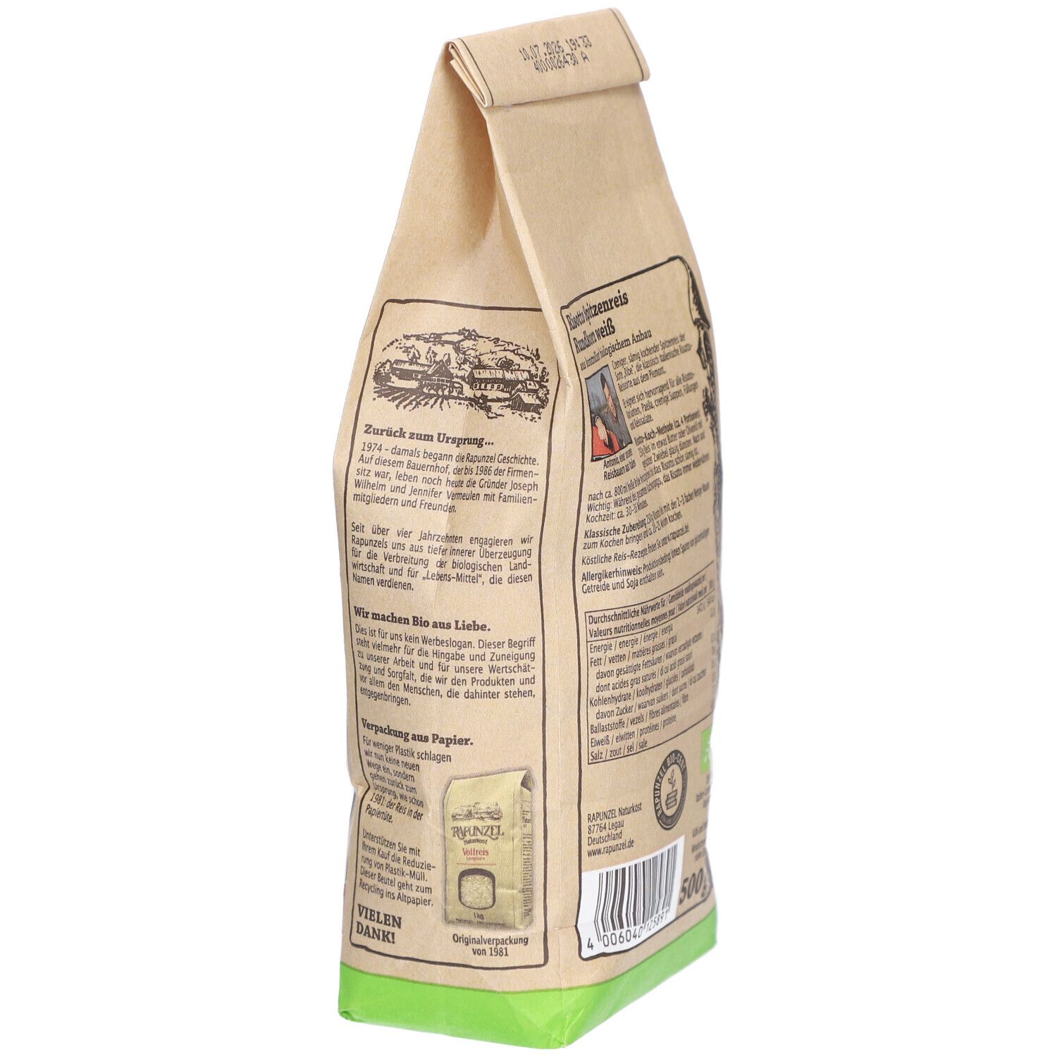 Dos du sachet de riz. Inscription: RAPUNZEL, Risotto Spitzenreis, Rundkorn weiß. Label bio, 500g. DDM. Vue latérale.