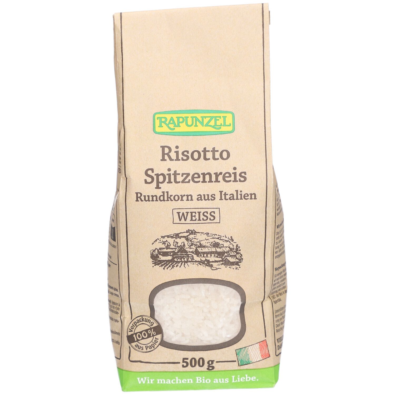 Sachet de riz rond. Inscription: RAPUNZEL, Risotto Spitzenreis, Rundkorn aus Italien, WEISS. 500g, drapeau italien.