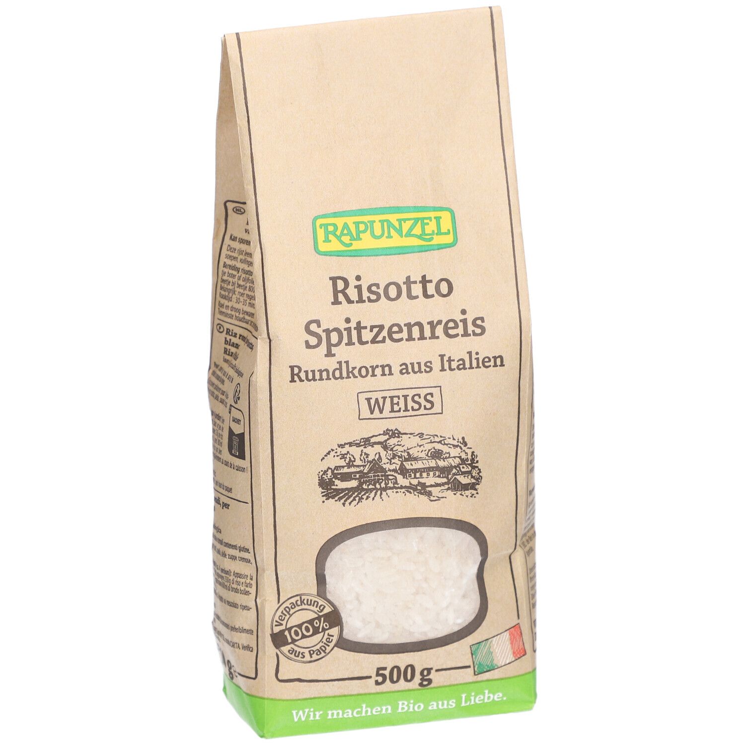 Sachet de riz rond. Inscription: RAPUNZEL, Risotto Spitzenreis, Rundkorn aus Italien, WEISS. 500g, drapeau italien.