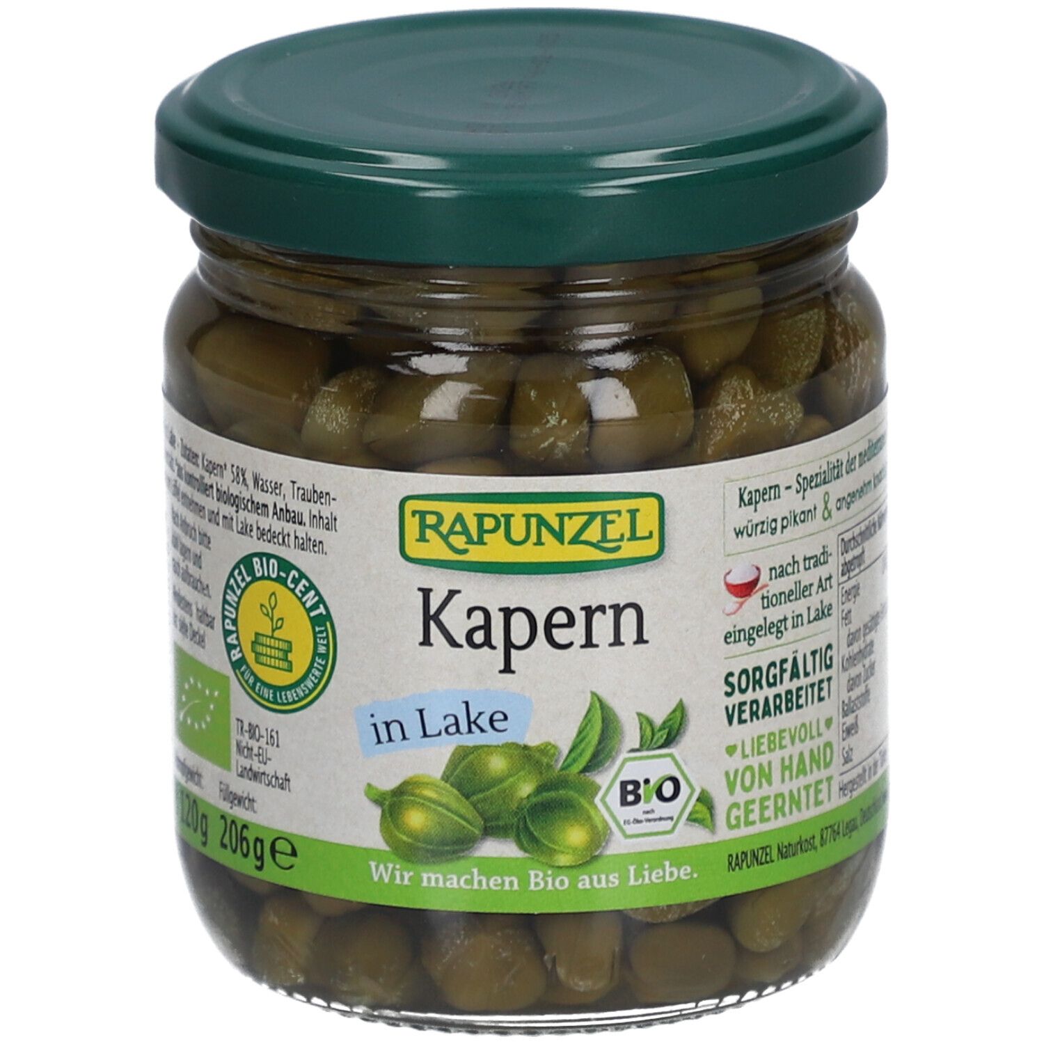 Glas mit Kapern in Lake. Grüner Deckel, Etikett mit "Rapunzel Kapern in Lake" und Bio-Siegel. Inhalt: 206g.