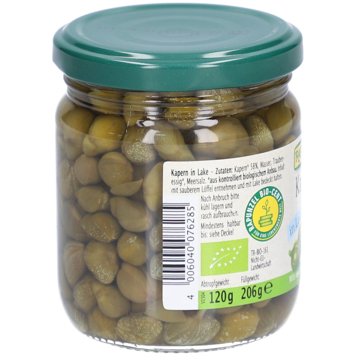 Glas mit Kapern in Lake. Grüner Deckel, Etikett mit "Rapunzel Kapern in Lake" und Bio-Siegel. Inhalt: 120g.