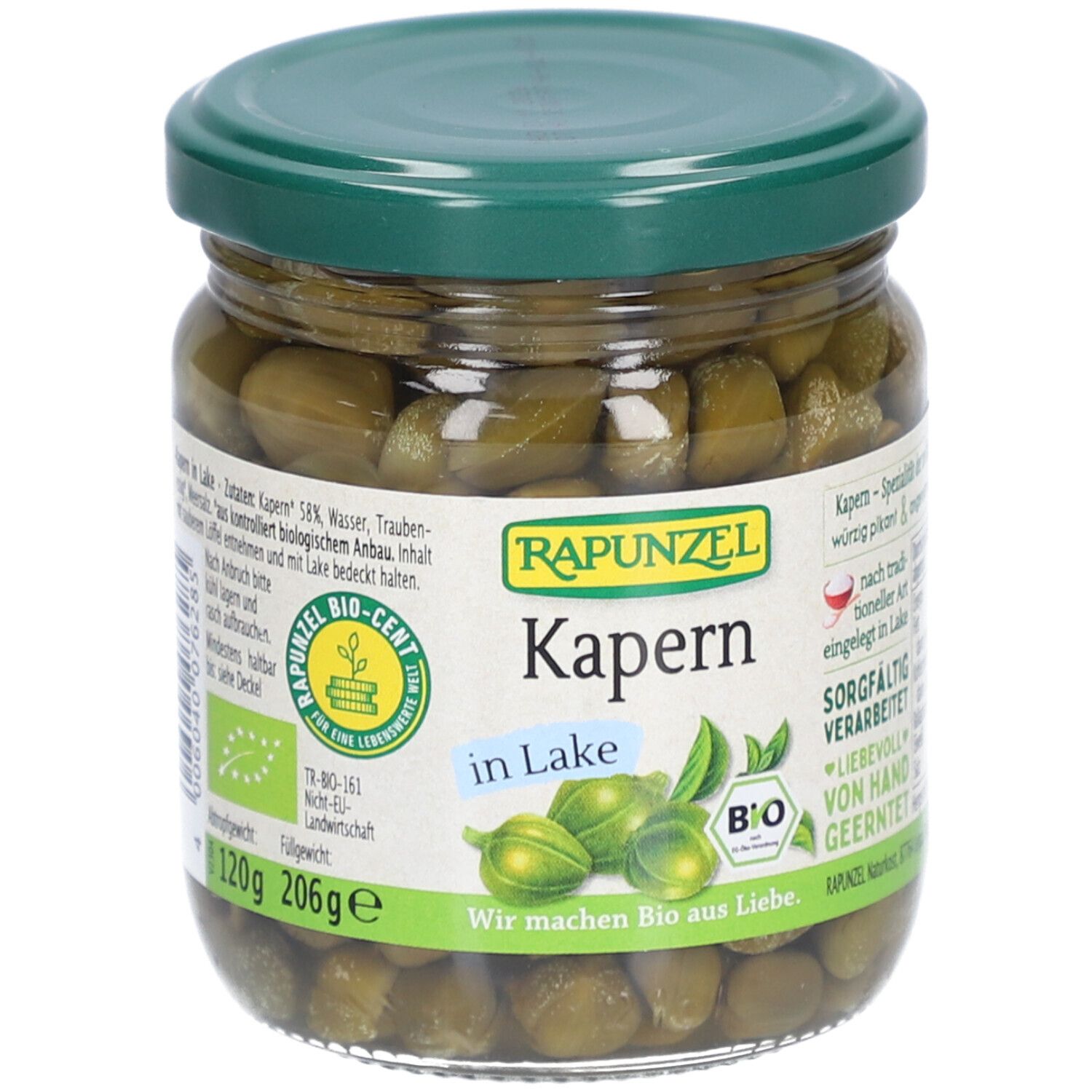 Glas mit Kapern in Lake. Grüner Deckel, Etikett mit "Rapunzel Kapern in Lake" und Bio-Siegel. Inhalt: 120g.
