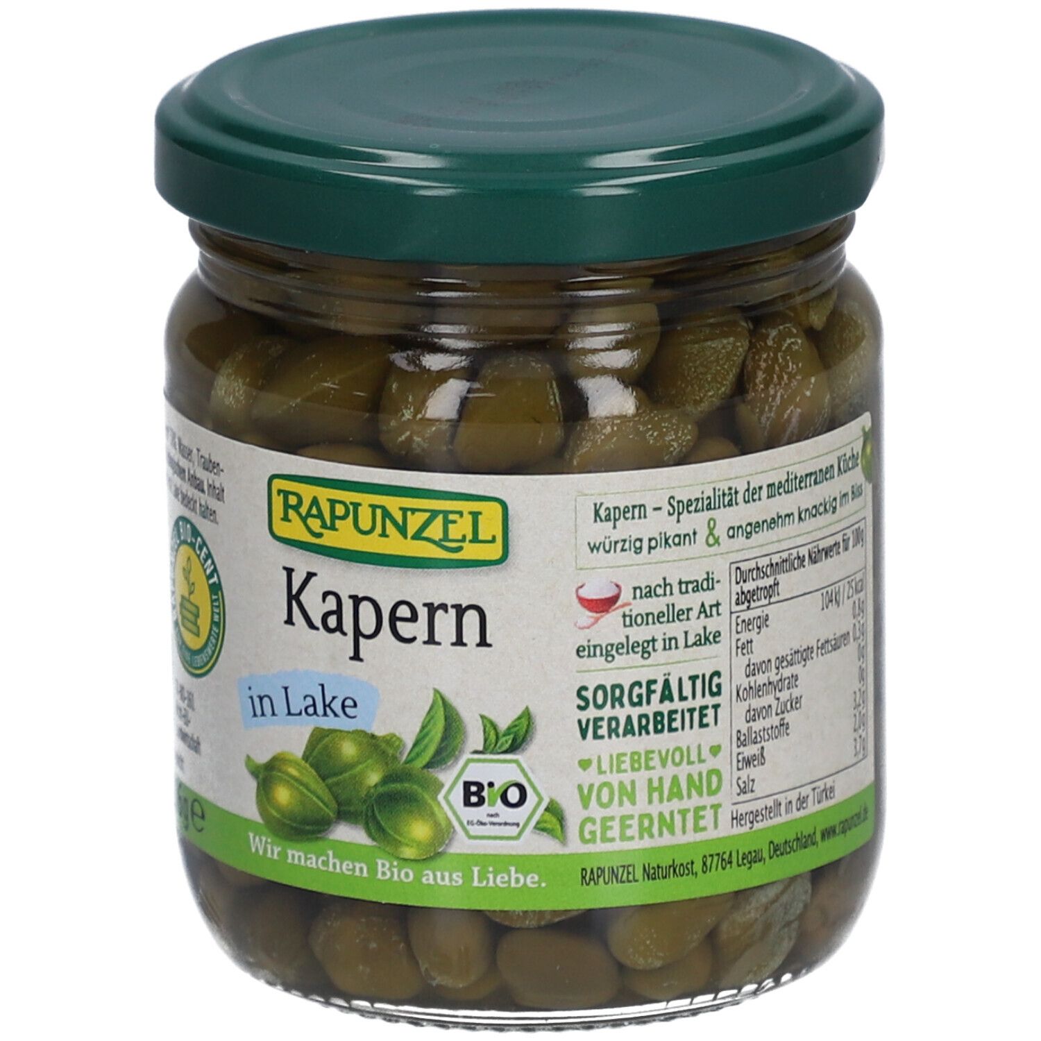 Glas mit Kapern in Lake. Grüner Deckel, Etikett mit "Rapunzel Kapern in Lake" und Bio-Siegel. Inhalt: 206g.