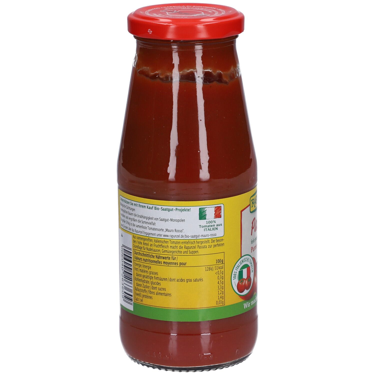 Rückseite der Glasflasche mit Etikett. Textinformationen, Nährwertangaben, Bio-Siegel und italienisches Herkunftssiegel.