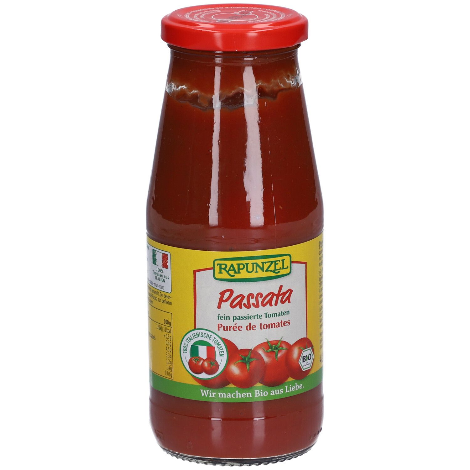 Glasflasche mit roter Flüssigkeit. Etikett mit "Rapunzel Passata", Tomaten-Illustrationen und Bio-Siegel.
