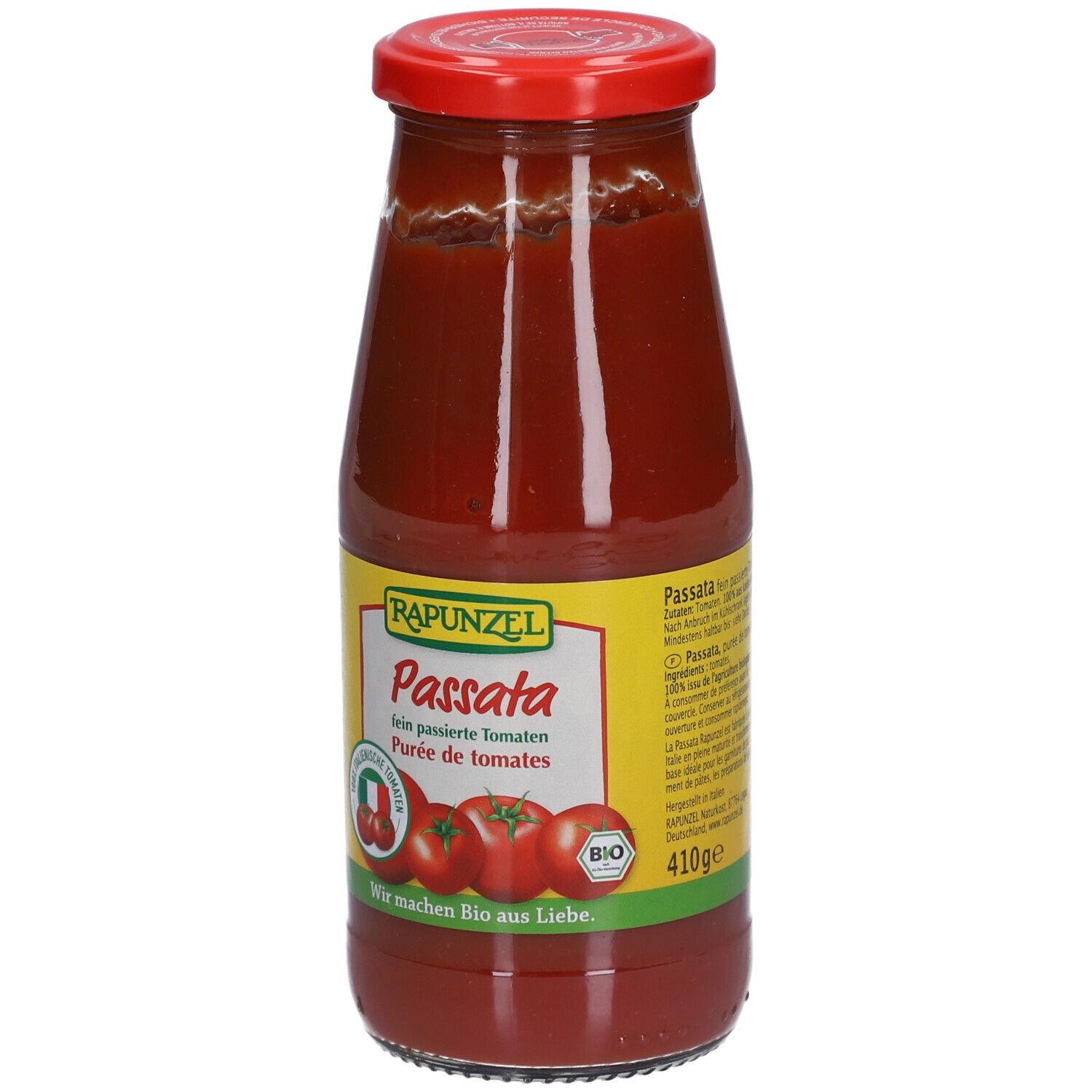 Glasflasche mit roter Flüssigkeit. Etikett mit "Rapunzel Passata", Tomaten-Illustrationen, Bio-Siegel und Gewichtsangabe.
