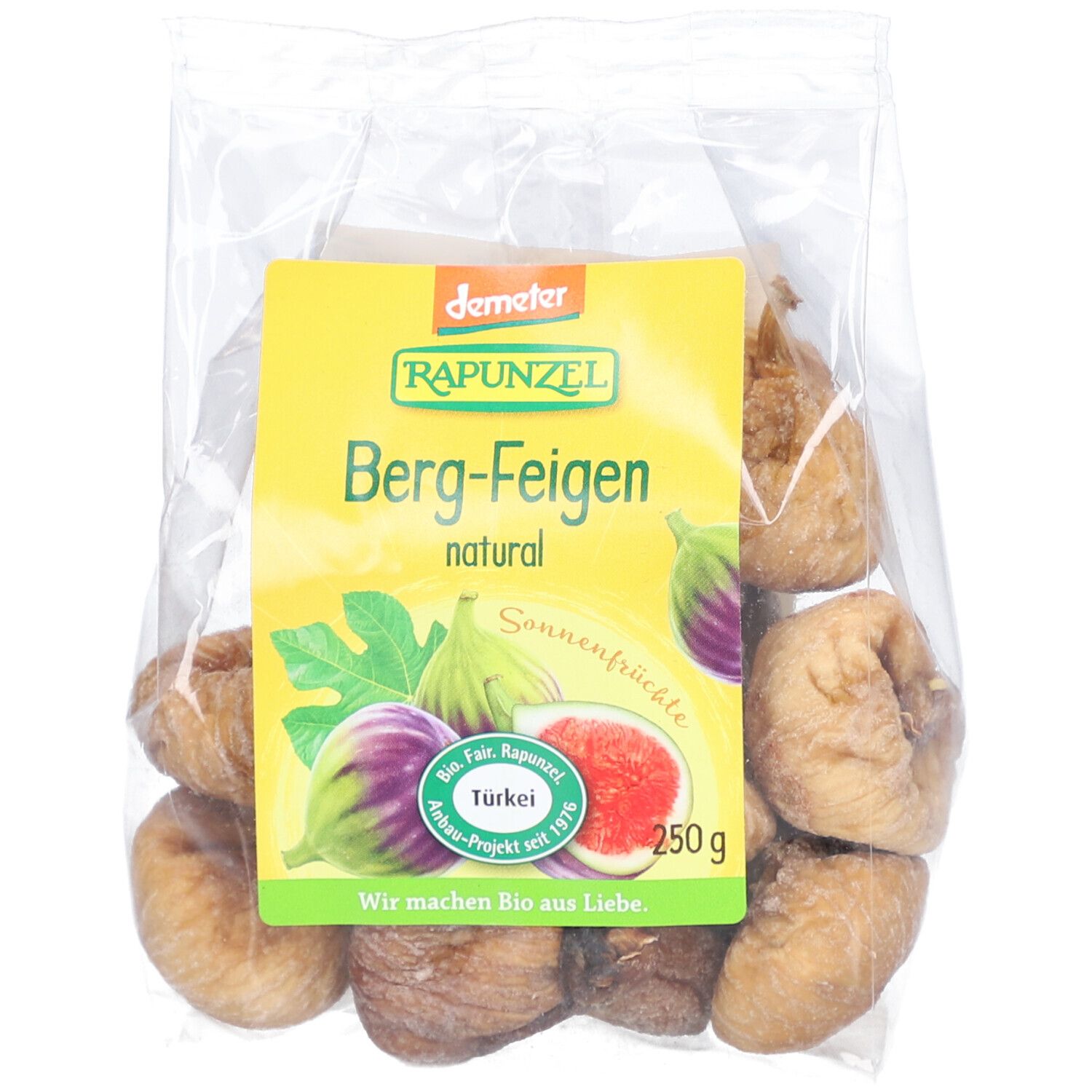 Verpackung mit getrockneten Berg-Feigen. Gelbes Etikett mit Produktname und Logo. Demeter-Siegel. Transparente Verpackung.