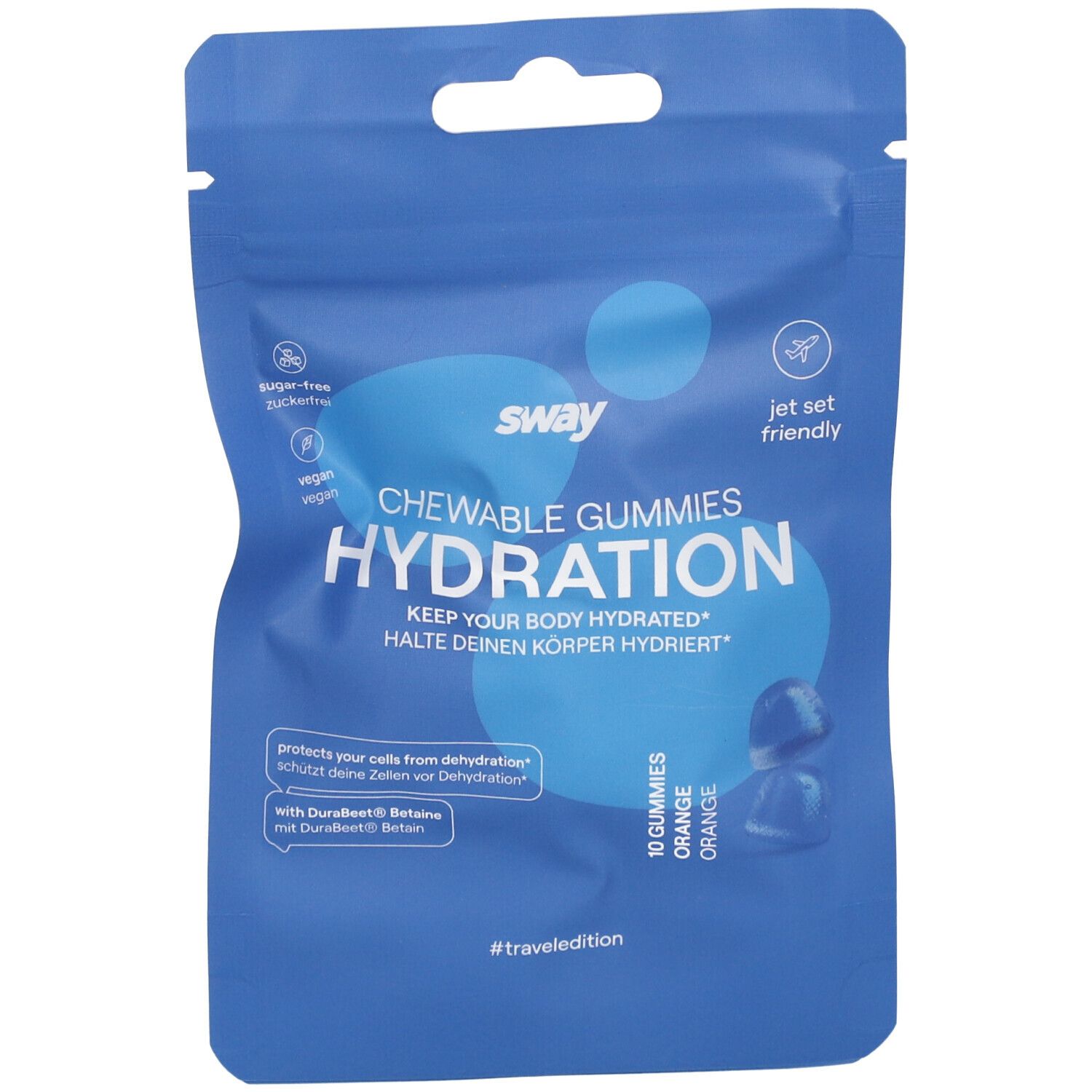 Blaue Verpackung mit "sway" und "HYDRATION" Schriftzug. Enthält Gummibärchen. "jet set friendly" und "vegan".