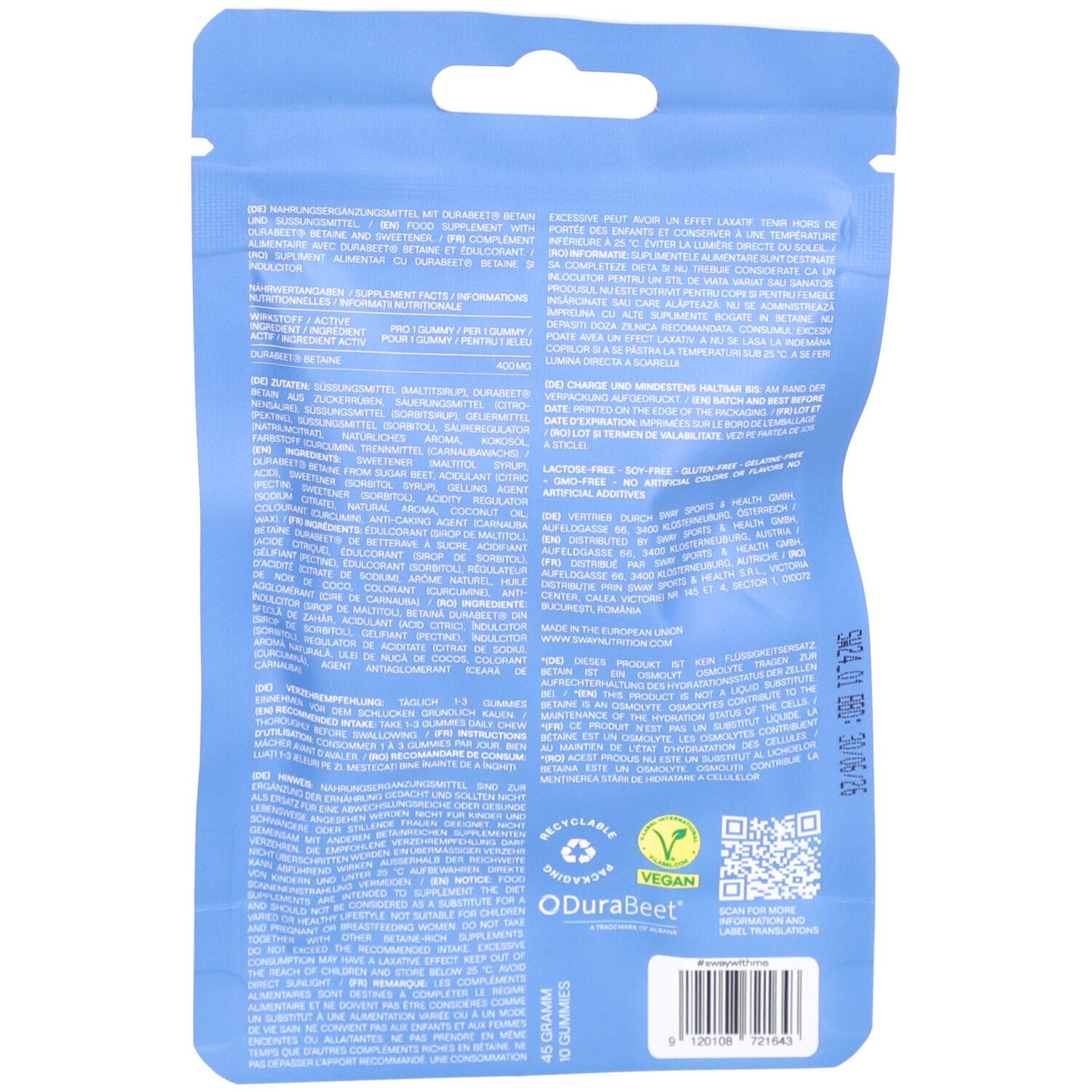 Rückseite der blauen Verpackung. Text in mehreren Sprachen. Vegan-Siegel und QR-Code.